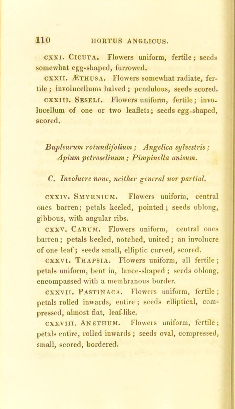 cxxi. CicUTA. Flowers uniform, fertile; seeds somewhat egg-shaped, furrowed. cxxii. iExHUSA. Flowers somewhat radiate, fer- tile ; involucellums halved; pendulous, seeds scored. cxxiii. Seseli. Flowers uniform, fertile; invo- lucellum of one or two leaflets; seeds egg-shaped, scored. Bupleurum rotundifolium; Angelica syhestris; Apium petroselinum; Pimpinella anisum. C. Involucre none, neither general nor partial. exxiv. Smyrnium. Flowers uniform, central ones barren; petals keeled, pointed ; seeds oblong, gibbous, with angular ribs. exxv. Carum. Flowers uniform, central ones barren ; petals keeled, notched, united ; an involucre of one leaf; seeds small, elliptic curved, scored. cxxvi. Thapsia. Flowers uniform, all fertile ; petals uniform, bent in, lance-shaped ; seeds oblong, encompassed with a membranous border. exxvit. Pastinaca. Florvers uniform, fertile; petals rolled inw ards, entire ; seeds elliptical, com- pressed, almost flat, leaf-like. cxxviii. Anethum. Flowers uniform, fertile; petals entire, rolled inwards ; seeds oval, compressed, small, scored, bordered.