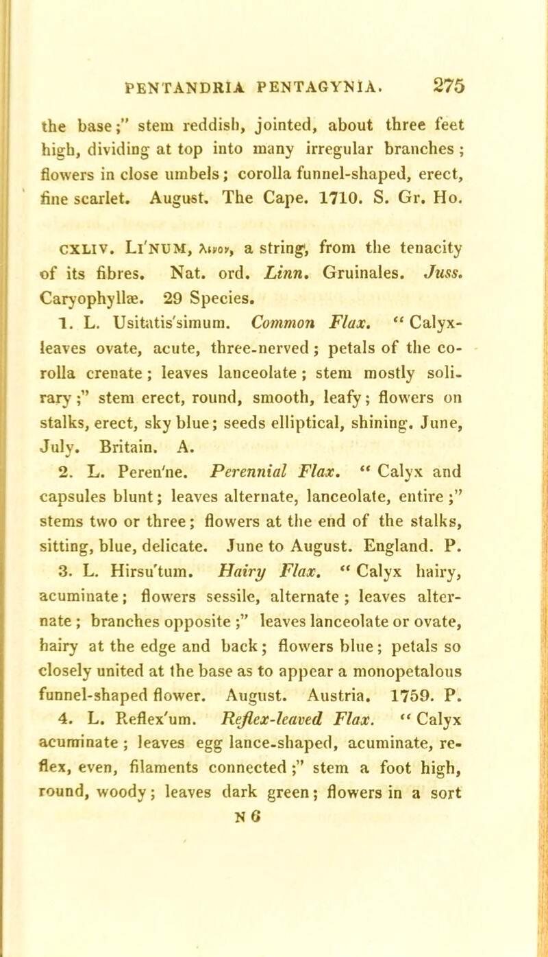 the base;” stem reddish, jointed, about three feet high, dividing at top into many irregular branches ; flowers in close umbels; corolla funnel-shaped, erect, fine scarlet. August. The Cape. 1710. S. Gr. Ho. CXLIV. Li'num, a string*, from the tenacity of its fibres. Nat. ord. Linn, Gruinales. Juss. Caryophyllae. 29 Species. 1. L. Usihitis'simum. Common Flax. “ Calyx- leaves ovate, acute, three-nerved ; petals of the co- rolla crenate; leaves lanceolate; stem mostly soli, raiy*stem erect, round, smooth, leafy; flowers on stalks, erect, sky blue; seeds elliptical, shining. June, July. Britain. A. 2. L. Peren'ne. Perennial Flax. “ Calyx and capsules blunt; leaves alternate, lanceolate, entire stems two or three; flowers at the end of the stalks, sitting, blue, delicate. June to August. England. P. 3. L. Hirsu'tum. Hairy Flax, “ Calyx hairy, acuminate; flowers sessile, alternate; leaves alter- nate ; branches opposite leaves lanceolate or ovate, hairy at the edge and back; flowers blue; petals so closely united at the base as to appear a monopetalous funnel-shaped flower. August. Austria. 1759. P. 4. L. Pieflex'um. Rejlex-leaved Flax. “ Calyx acuminate ; leaves egg lance-shaped, acuminate, re- flex, even, filaments connected;” stem a foot high, round, woody; leaves dark green; flowers in a sort N6