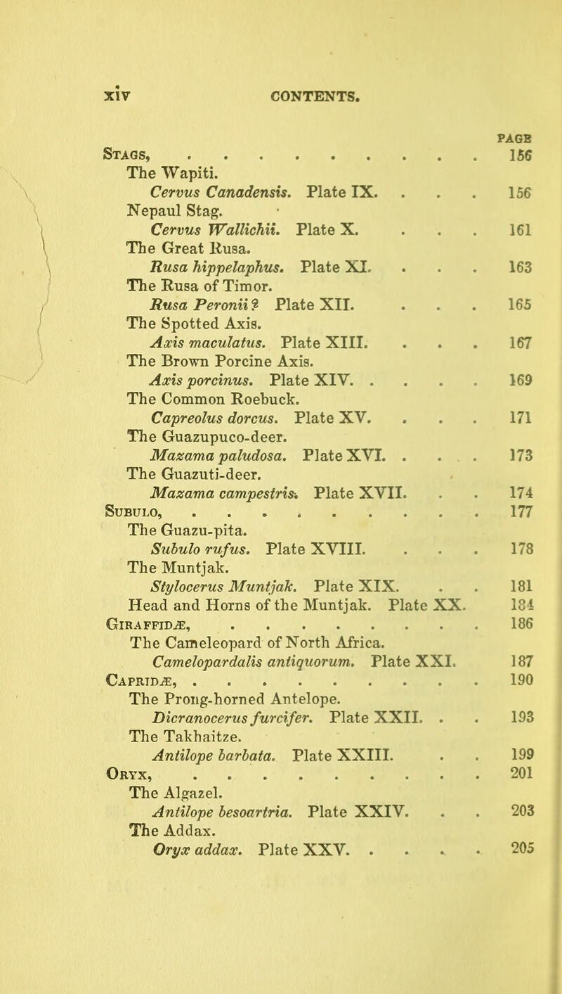 PAGE Stags, 156 The Wapiti. Cervus Canadensis. Plate IX. . . . 156 Nepaul Stag. Cervus Wallichii. Plate X. . . . 161 The Great Rusa. Rusa hippelaphus. Plate XI. . . . 163 The Rusa of Timor. Rusa Peronii ? Plate XII. . . . 165 The Spotted Axis. Axis maculatus. Plate XIII. . . . 167 The Brown Porcine Axis. Axis porcinus. Plate XIV 169 The Common Roebuck. Capreolus dorcus. Plate XV. ... 171 The Guazupuco-deer. Mazama paludosa. Plate XVI. . . 173 The Guazuti-deer. Mazama campestris■. Plate XVII. . 174 Subulo, 177 The Guazu-pita. Subulo rufus. Plate XVIII. . . . 178 The Muntjak. Stylocerus Muntjak. Plate XIX. . . 181 Head and Horns of the Muntjak. Plate XX. 184 GlRAFFIDiE, 186 The Cameleopard of North Africa. Camelopardalis antiquorum. Plate XXI. 187 Caprid.®, 190 The Prong-horned Antelope. Dicranocerus furcifer. Plate XXII. . . 193 The Takhaitze. Antilope barbata. Plate XXIII. . . 199 Oryx, 201 The Algazel. Antilope besoartria. Plate XXIV. . . 203 The Addax. Oryx addax. Plate XXV 205