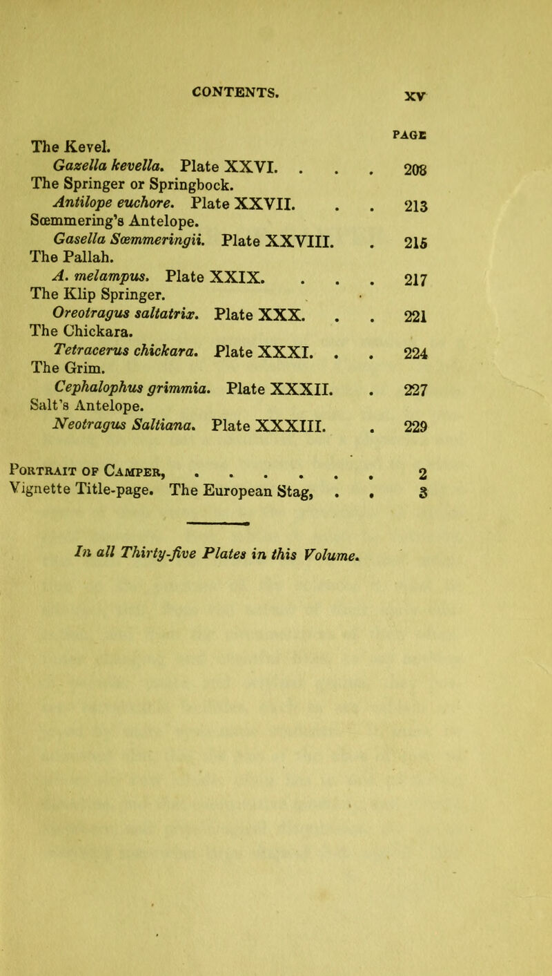 The Kevel. Gazella kevella. Plate XXVI. ... 208 The Springer or Springbock. Antilope euchore. Plate XXVII. . . 213 Soemmering’s Antelope. Gasella Scemmeringii. Plate XXVIII. . 215 The Pallah. A. melampus. Plate XXIX. . . . 217 The Klip Springer. Oreotragus saltatrix. Plate XXX. . . 221 The Chickara. Tetracerus chickara. Plate XXXI. . . 224 The Grim. Cephalophus grimmia. Plate XXXII. . 227 Salt’s Antelope. Neotragus Saltiana. Plate XXXIII. . 229 Portrait op Camper, Vignette Title-page. The European Stag, . . 3 In all Thirty-five Plates in this Volume.