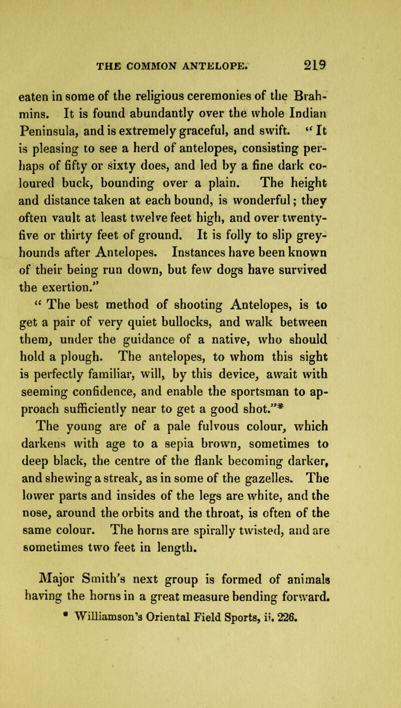 eaten in some of the religious ceremonies of the Brah- mins. It is found abundantly over the whole Indian Peninsula, and is extremely graceful, and swift. “ It is pleasing to see a herd of antelopes, consisting per- haps of fifty or sixty does, and led by a fine dark co- loured buck, bounding over a plain. The height and distance taken at each bound, is wonderful; they often vault at least twelve feet high, and over twenty- five or thirty feet of ground. It is folly to slip grey- hounds after Antelopes. Instances have been known of their being run down, but few dogs have survived the exertion.” “ The best method of shooting Antelopes, is to get a pair of very quiet bullocks, and walk between them, under the guidance of a native, who should hold a plough. The antelopes, to whom this sight is perfectly familiar, will, by this device, await with seeming confidence, and enable the sportsman to ap- proach sufficiently near to get a good shot.”* The young are of a pale fulvous colour, which darkens with age to a sepia brown, sometimes to deep black, the centre of the flank becoming darker, and shewing a streak, as in some of the gazelles. The lower parts and insides of the legs are white, and the nose, around the orbits and the throat, is often of the same colour. The horns are spirally twisted, and are sometimes two feet in length. Major Smith’s next group is formed of animals having the horns in a great measure bending forward. * Williamson’s Oriental Field Sports, i?. 226.