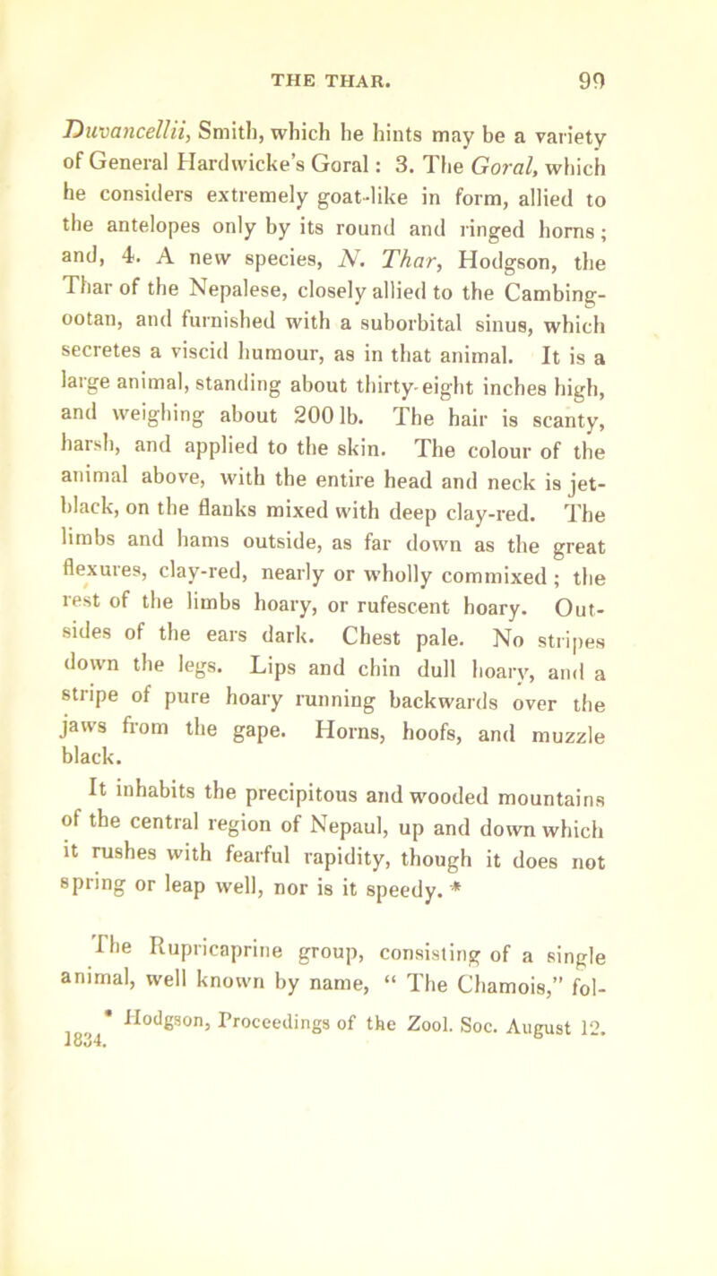 Duvancellii, Smith, which he hints may be a variety of General Hardwicke’s Goral: 3. The Goral, which he considers extremely goat-like in form, allied to the antelopes only by its round and ringed horns; and, 4. A new species, N. Thar, Hodgson, the Thar of the Nepalese, closely allied to the Cambing- ootan, and furnished with a suborbital sinus, which secretes a viscid humour, as in that animal. It is a large animal, standing about thirty-eight inches high, and weighing about 2001b. The hair is scanty, harsh, and applied to the skin. The colour of the animal above, with the entire head and neck is jet- black, on the flanks mixed with deep clay-red. The limbs and hams outside, as far down as the great flexures, clay-red, nearly or wholly commixed ; the rest of the limbs hoary, or rufescent hoary. Out- sides of the ears dark. Chest pale. No stripes down the legs. Lips and chin dull hoary, and a stripe of pure hoary running backwards over the jaws fiom the gape. Horns, hoofs, and muzzle black. It inhabits the precipitous and wooded mountains of the central region of Nepaul, up and down which it rushes with fearful rapidity, though it does not spring or leap well, nor is it speedy. * The Rupricaprine group, consisting of a single animal, well known by name, “ The Chamois,” fol- Hodgson, Proceedings of the Zool. Soc. August 12. 1834.