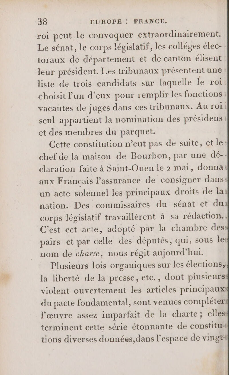 roi peut le convoquer extraordinairement. Le sénat, le corps législatif, les colléges élec- toraux de département et de canton éhisent leur président. Les tribunaux présentent une : liste de trois candidats sur laquelle le roi. choisit l’un d’eux pour remplir les fonctions : vacantes de juges dans ces tribunaux. Au roi seul appartient la nomination des présidens: et des membres du parquet. Cette constitution n’eut pas de suite, et le: chef de la maison de Bourbon, par une dé-- claration faite à Saint-Ouen le 2 mai, donnai aux Français l’assurance de consigner dans: un acte solennel les principaux droits de lai nation. Des commissaires du sénat et du corps législatif travaillèrent à sa rédaction. . C’est cet acte, adopté par la chambre des: pairs et par celle des députés, qui, sous le: nom de charte, nous régit aujourd’hui. Plusieurs lois organiques sur Les élections, la liberté de la presse, ete., dont plusieurs: violent ouvertement les articles principau du pacte fondamental, sont venues compléter l’œuvre assez imparfait de la charte; elles terminent cette série étonnante de constituA tions diverses données,dans l’espace de vingt