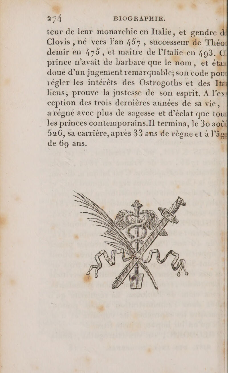 si . 274 BIOGRAPHIE. teur de leur monarchie en Italie, et gendre d Clovis , né vers l’an 457, successeur de Théo demir en 475 , et maitre de PItalie en 493. CI prince n’avait de barbare que le nom, et 6 doué d’un jugement remarquable; son co pou régler les intérêts des Ostrogoths et des Ita liens, prouve Ja justesse de son esprit. À l’ex ception des trois dernières années de sa vie, | a régné avec plus de sagesse et d'éclat que tout les princes contemporains. Il termina, le 30 aoû 526, sa carrière, après 33 ans de règne et à l’äg de 69 ans.