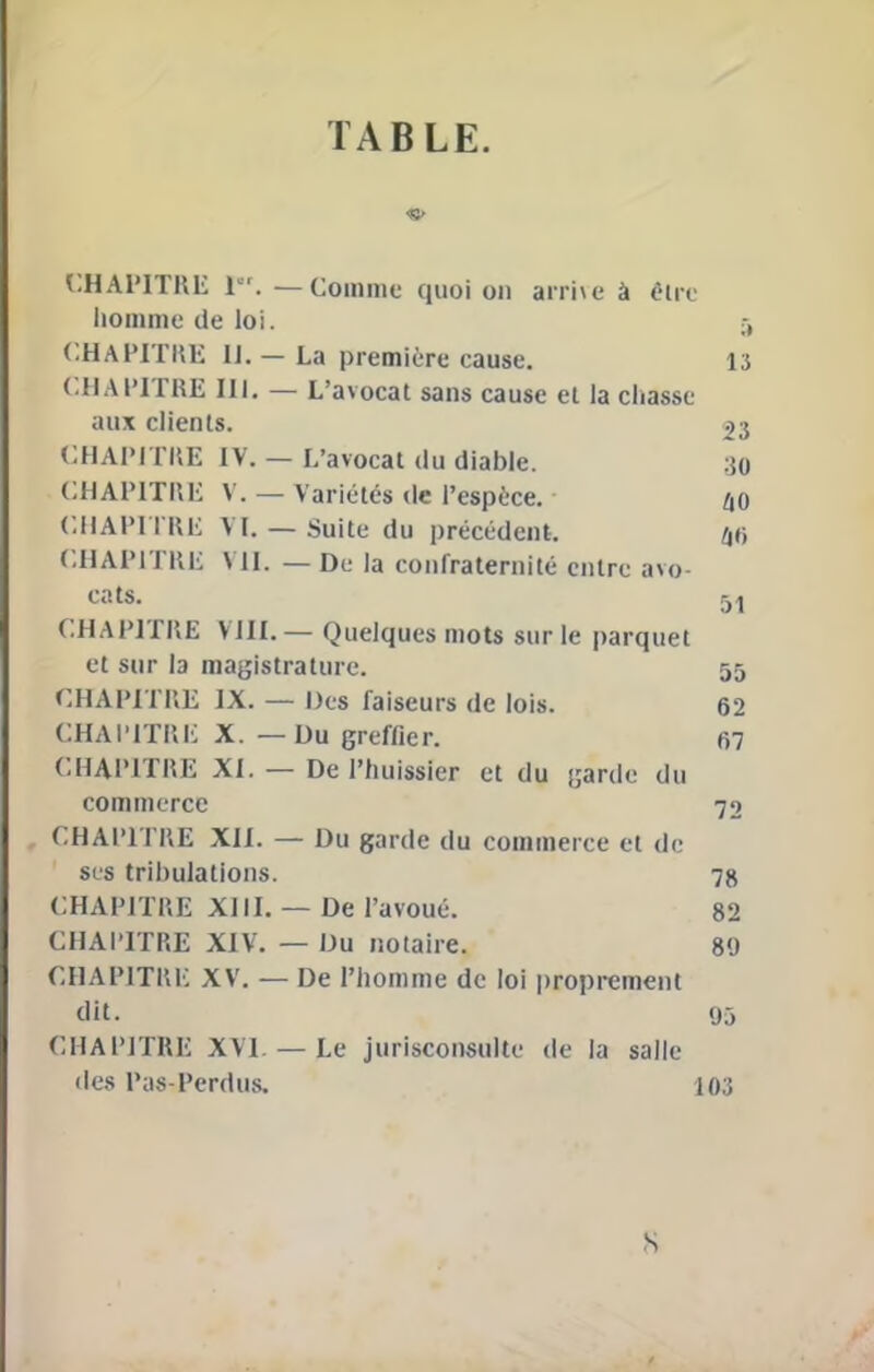 TABLE. CHAPITRE l“r. —Comme quoi on arrive à être homme de loi. CHAPITRE IJ. — La première cause. 13 CHAPITRE III. — L’avocat sans cause et la chasse aux clients. 23 CHAPITRE IV. — L’avocat du diable. ;i0 CHAPITRE V. — Variétés de l’espèce. 40 CHAPI1RE VI. — Suite du précédent. 40 CHAPITRE VII. — De la confraternité entre avo- CtltS. yj CHAPITRE VIII.— Quelques mots sur le parquet et sur la magistrature. 55 CHAPITRE IX. — Des faiseurs de lois. 62 CHAPITRE X. — Du greffier. 67 CHAPITRE XI. — De l’huissier et du garde du commerce 72 CHAPITRE XII. — Du garde du commerce et de ses tribulations. 78 CHAPITRE XIII. — De l’avoué. 82 CHAPITRE XIV. — Du notaire. 89 CHAPITRE XV. — De l’homme de loi proprement dit. 95 CHAPITRE XVI. — Le jurisconsulte de la salle des Pas-Perdus. 103 N