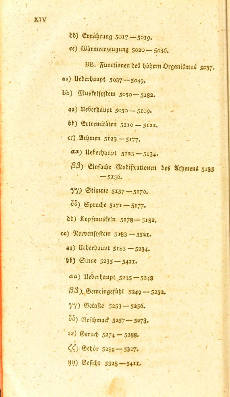fcl>) ©rnäfprung 5017 — 5019. ce) ©ävmecrieugung 5020—5036. BB. guncttoncn bei fytyetn Organismus 5037. aa) Uefcer&aupt 5037—5049, bb) sSiu^cffpflem 5050 —5182. * < aa) Behaupt 5050 — 5109. b&) Extremitäten 5110 — 5122. / 1 cc) 2ltf)men 5123—5177. aa) Uebertyaupt 5123—5134. ßß) Einfache tföobifHationen öe$ $(tl?men$ 5x35 — 5156. 77) Stimme 5157 — 5x7°* « SS) ©pracOe 5171 — 5x77. fci>) ÄopfmueWn 5178 —5i8&. cc) ^crbcnfpITcm 5i83 — 5521. «a) Ucberfjnupt 5x83—5234, fcb) Sinne 5235 — 5411* ßa) Ueberfjaupt 5235 —5243 ßßX ©cmcingefü&t 5249 — 5252. 77) ©ctaf)e 5253 — 5256. SS) ©cfcbmacf 5257—5273. iß) ®eruc() 5274 — 5288* <&) @eb6r 5289 — 5327* W) ©eflc&t 5323—5411*
