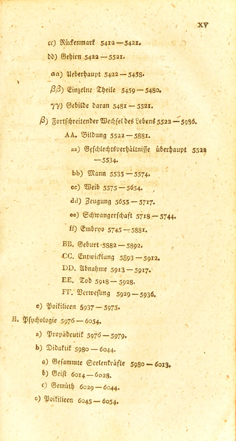cc) SRücfenmatf 5412—5421» l \ bb) ©efyirn 5422 — 5521* aa) Ueber^aupt 5422 — 5458. ßß) Sinjclne Steile 5459 — 5480» -V * ;/ . SJ> * 7Y) ©ebtlbe barart 5481 — 5521. \ » v - • r , ß) gortfdjreitenber Söecbfef be$ Cebcn$ 5522 — 5935. AA. QJilbung 5522 — 5881. aa) ©cfcblecf^Pcrbältniffe überhaupt 552s —5534* bb) 9flann 5535 —5574» cc) SBeib 5575 — 5654. , dd) Beugung 5655—5717. ee) ©cbtoangerfcbaft 5718 — 5744. ff) ©mbrpo 5745 — 5881. BB. ©eburt-5882 —5892. CC. ©nticicfCung 5893 — 5912. DD. Abnahme 5913 — 5917. EE. £ob 59*8 — 5928. FF. SBmcefbng 5929 — 5936. c) ^oifitieen 5937 — 5975. B. ^fycfjologie 5976 — 6054. a) ^ropäbeutif 5976 — 5979, b) Sibaftif 5980 — 6044. <0 ©efammte ©celenfcäffe 5980 — 6013, b) ©cift 6014 — 6028. 0 ©ciiuitfy 6029 — 6044.