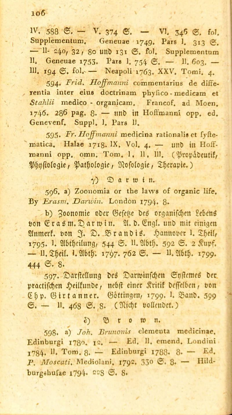 io6 IV. 588 @* — V* 374 <5, — V!, 346 <g. Fol. Supplementum. Geneuae 1749. Pars 1* 313 (g. — 11- 24°/ 32, 80 Unb 131 @, fol. Suppleraentum 11* Geneuae 1753, Pars 1, 754 @. — 11. 603. — 111. 194 @. foV— Neapoli 1763. XXV. Tomi. 4. 594, Frrd. Hoffmanni commentarius de diffe- rentia inter eius doctrinam phylico - medicam et Stahlii medico - organicam, Francof. ad Moen. 1746* 286 pag* 8* — »nb in Hoffmanni opp. ed. Genevenf* Suppl, 1* Pars 1). 595* Fr. Hoffmanni medicina rationalis et fyfte- matica* Halae 1718* IX* Vol* 4, — unb in Hoff- manni opp, omn. Tom* 1, 11, 111* 0}kopdbeutifj $Ijj)fto[ogie, ^Jat^ologic, tftofologie, Sfjcrapie.) 7) S « t » i n. 596* a) Zoonomia or the laws of organic life, By Er asm. Darwin. London 1794. 8* b) 3oonomic ober ©efefte bes organifdjen £ebcn$ pon €' x a $ m* X) a t n> i n. 21* b. (Engl. unb mit einigen 2Inmerf. Pon % £>. £>ranbig. Jpannopet l* Sl^cif, 1795* 1* Qfffffjcilung/ 544 H*2Ibtf). 592 6. 2 $upf, — 11* £f)eil. l.2Jbtf); 17^7. 762 6* — 11.216tfj. 1799. 444 @* 8* 597* Sjärftcflung bc3 Sanpinfcbeit 0i)|7cme$ bec ptactifcfjcn J^citfunbc/ nc6ft einer jvritif befleißen, Pcit G&p. ©tetanner. ©offingen/ 1799. 1. 3>anb. 599 6, — II* 468 @* 8* (9iicf)t Poßcnbcf.) 3) S t 0 1» n, 598* a) Joh. Brunovis elemeuta medicinae, Edinburgi 1780* 12, — Ed, 11. emend. Londini 1784* 11. Tom. 8* — Edinburgi 1788. 8* — Ed. P. Moscati, Mediolani, 1792. 55° ©• 8* — Hild- burgshufae 1794* 2C8 8*
