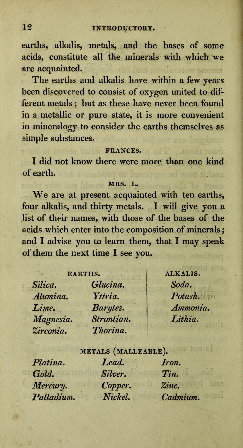 earths, alkalis, metals, and the bases of some acids, constitute all the minerals with which we are acquainted. The earths and alkalis have within a few years been discovered to consist of oxygen united to dif- ferent metals ; but as these have never been found in a metallic or pure state, it is more convenient in mineralogy to consider the earths themselves as simple substances, FRANCES. I did not know there were more than one kind of earth. MRS. L. We are at present acquainted with ten earths, four alkalis, and thirty metals. I will give you a list of their names, with those of the bases of the acids which enter into the composition of minerals ; and I advise you to learn them, that I may speak of them the next time I see you. EARTHS. alkalis. Silica, Glucina, Soda, Alumina, Yttria. Potash, { Lime, Barytes, Ammonia, Magnesia, Strontian, Lithia, Zirconia, Thorina, METALS (malleable). Platina, Lead, Iron, Gold, Silver, Tin, Mercury, Copper, Zinc, Palladium, Nickel, Cadmium,