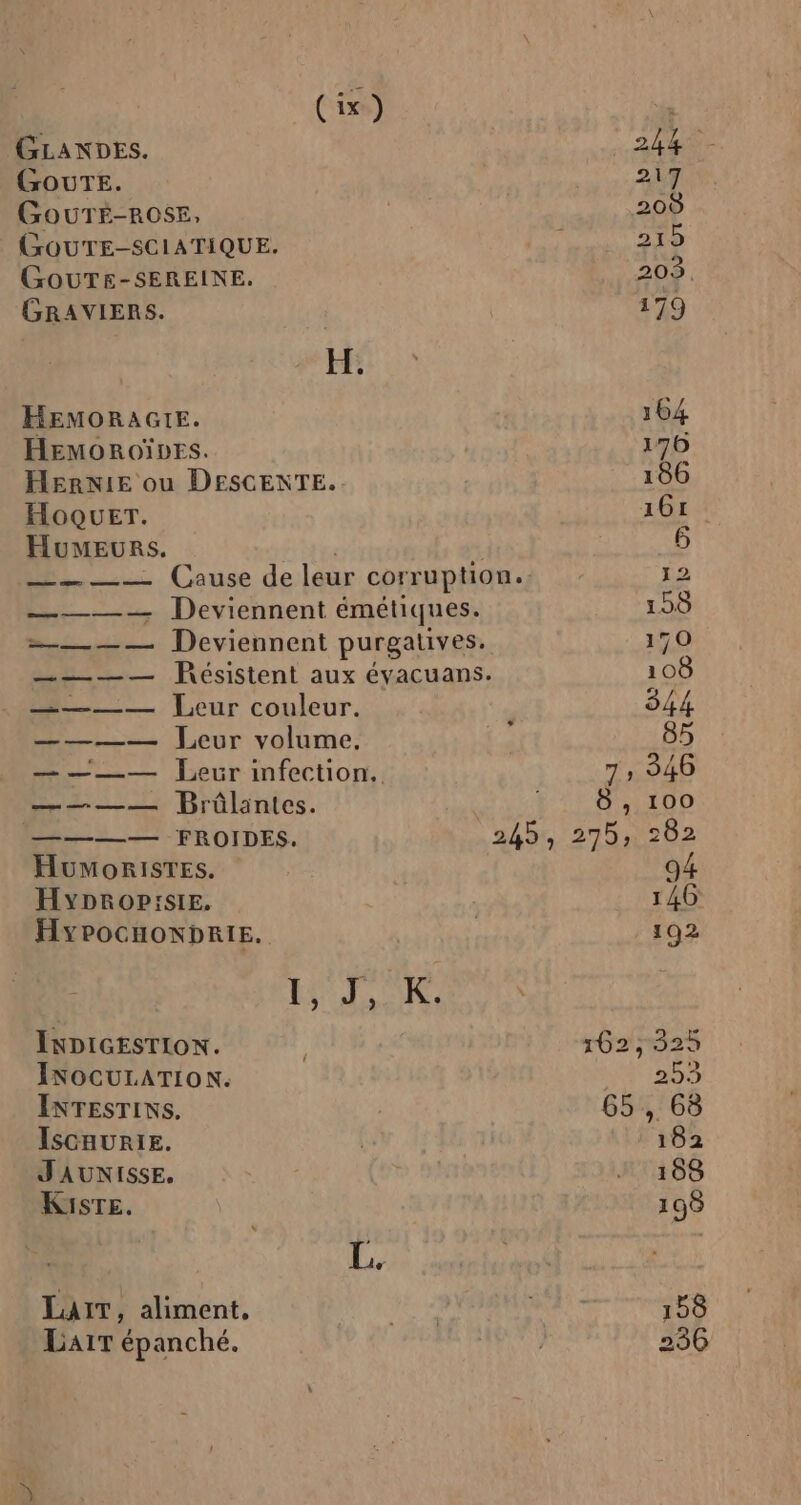 (GOUTE. GouTÉ-ROSE, GOUTE-SCIATIQUE. GOUTE-SEREINE. GRAVIERS. H HEMORAGIE. HEMOROÏDES. Hernie ou DESCENTE. HoquErT. Humeurs. Deviennent émétiques. Deviennent purgatives. Peésistent aux évacuans. 2 Leur couleur. ———— eur volume. ee Brûlantes. —— “FROIDES. HumorisTes. HypRroOP:SIE, HyPocHONDRIE. INDIGESTION. INOCULATION. ENTESTINS. Iscaurie. J'AUNISSE. Ki1sTE. LaiT, aliment, LAIT épanché.