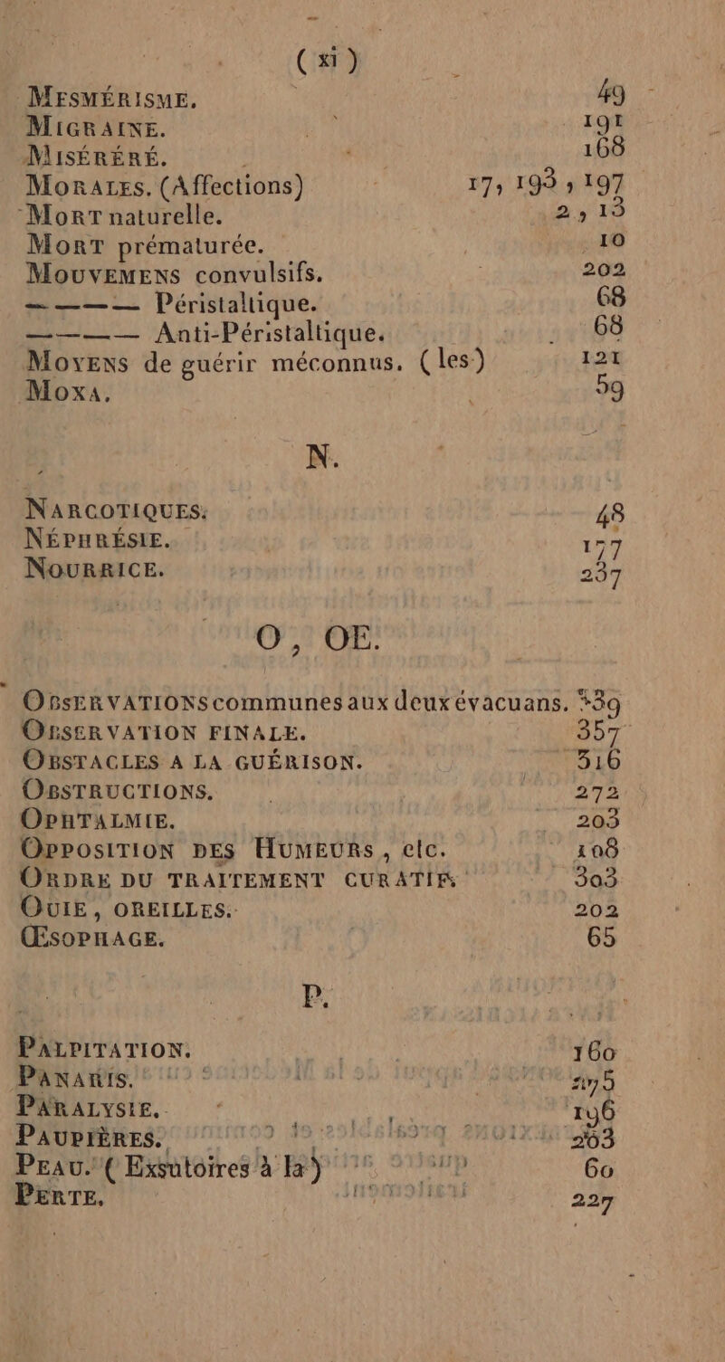 MESMÉRISME. MiGRaAINE. MISÉRÉRÉ. : Morazes. (Affections) -MorT naturelle. MorT prématurée. MouveMEnxs convulsifs, ———— Péristaltique. Moxa. N. NARCOTIQUES: NÉPHRÉSIE. NouRRICE. O, OE. OBSER VATION FINALE. OBSTRUCTIONS. OPHTALMIE. OUIE , OREILLES. ŒsoPpHAGE. P. PALPITATION. Pananis. PARALYSIE. . PAUPIÈRES.  TR PERTE.