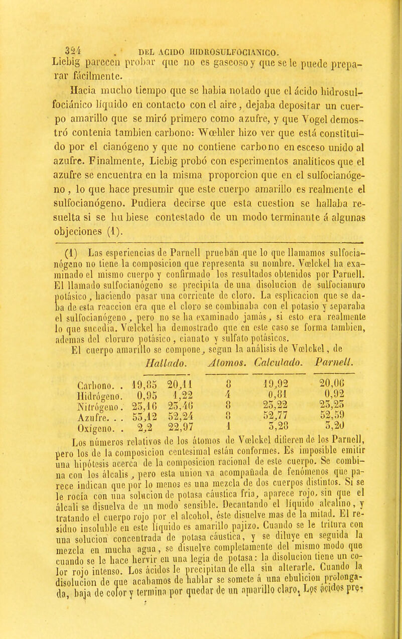 3S4 . DKL ACIDO IIIDROSULI’OCIANICO. Liebig parecen probar que no es gaseoso y que se le puede prepa- rar fácilmente. Hacia mucho tiempo que se habia notado que el ácido liidrosul- fociánico líquido en contacto con el aire, dejaba depositar un cuer- po amarillo que se miró primero como azufre, y que Vogel demos- tró contenia también carbono: Wcehler hizo ver que está constitui- do por el cianógeno y que no contieno carbono encsccso unido al azufre. Finalmente, Liebig probó con esperimentos analíticos que el azufre se encuentra en la misma proporción que en el sulfocianóge- no , lo que hace presumir que este cuerpo amarillo es realmente el sulfocianógeno. Pudiera decirse que esta cuestión se hallaba re- suelta si se hu biese contestado de un modo terminante á algunas objeciones (1). (1) Las espericiicias de Parnell prueban que lo que llamamos sulfocia- nógjuo no tiene la composición que representa su nombre. Voelckel lia exa- minado el mismo cuerpo y confirmado los resultados obtenidos por Parnell. El llamado sulfocianógeno se precipita de una disolución de sulfocianuro potásico, haciendo pasar una corriente de cloro. La esplicacion que se da- ba de esta reacción era que el cloro se combinaba con el potasio y separaba el sulfocianógeno, pero no se lia examinado jamás, si esto era realmente lo que sucedía. Vcelckel ba demostrado que cu este caso se forma también, ademas del cloruro potásico , cianato y sulfato potásicos. El cuerpo amarillo se compone, segiin la análisis de Vcelckel, de Hallado. Alomos. Calculado. Parnell. Carbono. . 19,ílo 20,11 O O 19,92 20,00 Hidrógeno. 0,95 1,22 4 0,«1 0,92 O iShírogeno. 25,1 G 25,40 0 25,22 25,25 Azufre. . . 55,12 52,24 O o 52,77 52,.59 Oxígeno. . 2,2 22,97 1 5,28 5,20 Los números relativos de los átomos de Vcelckel difieren do los Parnell, pero los de la composición centesimal están conformes. Es imposible emitir lina hipótesis acerca de la composición racional de este cuerpo. Se combi- na con los álcalis, pero esta union va acompaúada de fenómenos que pa- rece indican que por lo menos es una mezcla de dos cuerpos distintos. Si se le rocía con una solución de potasa cáustica fria, aparece rojo, sin que el álcali se disuelva de un modo sensible. Decantando el liquido alcalino, y tratando el cuerpo rojo por el alcohol, éste disuelve mas de la mitad. El re- siduo insoluble en este líquido es amarillo pajizo. Guando se le tritura con una solución concentrada de potasa cáustica, y se diluye en seguida la mezcla en mucha agua, se disuelve completamente del mismo modo que cuando se le hace hervir en una legia de potasa: la disolución tiene un co- lor rojo intenso. Los ácidos le precipitan de ella sin alterarle. Guando la disolución de que acabamos de hablar se somete a una ebulición prolonga- da baja de color y termina por quedar de un apiarillo claro. Lo? aot«os pre-
