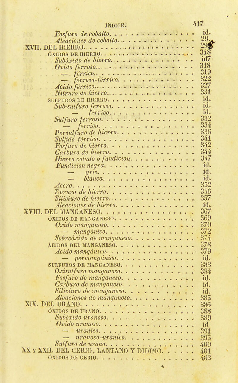 Posfuro de cobalto. Aleacmies de cobalto . . . XVII. DEL niERRO ÓXIDOS DE HIERRO. . Subóxido de hierro. . ....... Oxido ferroso... — férrico.. . ....... . . ... . — ferroso-férrico Acido férrico Nitruro de hierro SüLFDROS DE HIERRO Sub-sulfiiro ferroso. . . — férrico. ... Sulfuro ferroso . — férrico Persulfuro de hierro Sulftdo férrico Fosfuro de hierro Carbm'o de hierro. . Hierro colado ó fundición Fundición negra — gris. : . — blanca Acero Formo de hierro Siliciuro de hierro. Aleaciones de hierro XVIIL DEL MANGAINESO ÓXIDOS DE Má.NGANESO Oxido manganoso — mangánico Sobreóxido de manganeso ÁCIDOS DEL MANGANESO Acido mangánico — perrnangánico SDI.FÜROS DE MANGANESO Oxisulfuro manganoso Fosfuro de manganeso. ...... Carburo de manganeso Siliciuro de manganeso Aleaciones de manganeso XIX. DEL URANO ÓXIDOS DE URANO. . Subóxido uranoso ... Oxido uranoso — uráiiico — uraíioso-uránico Sulfuro de tirano XX Y XXII. DEL GERÍO, LANTANO Y DIDIMO ÓXIDOS DI? CERIO. 417 id. 29^ 29» 318 id7 318 319 322 . 327 . 331 id. . id. . id. . 332 . 334 . 336 . 341 . 342 . 344 . 347 . id. . id. . idw . 352 . 356 . 357 id. . 367 . 369 370 372 374 378 379 id. 383 384 id. id. id. 385 386 388 389 id 391 395 400 401 403