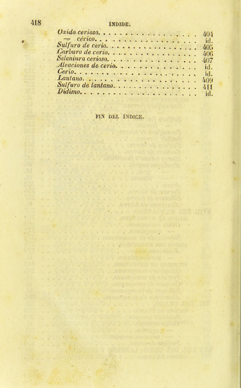 4Í8 Oxido cerioso — cérico i(J. Sulfuro de cerio 40ii Carburo de cerio. ’ /jQfj Seleniuro cerioso [ [ 4Q7 Meaciones de cerio. * * ûi Cerio. . Laiitano 409 Sulfuro de lantano. . Diaimo id.