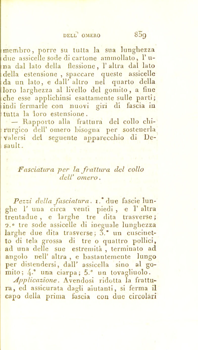 mcmbro, porre su tiiUa la sua lunghezza duc assicelle sodé di carlone aimnollalo, 1’u- iia dal lalo délia flessione, 1’allra dal lato délia estensione , spaccare qucste assicelle da un lato, e dall’ altro nel quarto délia loro larghezza al livello del goniito, a fine elle esse applichinsi esattamenle sulle parti; indi fermarle con iiuovi giri dî f’ascia ia lutta la loro estensione . — Rapporto alla frattura del collo clii- rurgico dell’ omero bisogna per sostenerla valersi del seguente apparecchio di Dc- gault. Fasciatura jier la fvaltiira del collo dell’ omero. Pezzi délia fasciatura. i.'due fascie lun- gbc 1’ una circa venti piedi , c 1’ allra Irentadue , c larghe tre dita Irasvcrsc ; Q.» tre sodé assicelle di ineguale lungbezza larghe due dita trasverse; 3.' un cuscinet- to di lela grossa di tre o quattro pollici, ad una délie sue estremilà , terminalo ad 1 angolo nell’ altra , e bastanternente lungo I per dislendersi, dall’ assicclla sino al go- I mito; 4-.° una ciarpa ; 5.° un tovagliuolo. j Applicazîone. Avendosi ridotta la frattu- I ra, ed assicurata dagli aiutanti, si ferma il