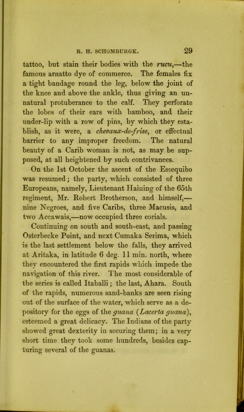 tattoo, but stain their bodies with the rucu^—the famous amatto dye of commerce. The females fix a tight bandage round the leg, below the joint of the knee and above the ankle, thus giving an un- natural protuberance to the calf. They perforate the lobes of their ears with bamboo, and their under-lip with a row of pins, by which they esta- blish, as it were, a chevaux-de-frise^ or efiectual barrier to any improper freedom. The natural beauty of a Carib woman is not, as may be sup- posed, at all heightened by such contrivances. On the 1st October the ascent of the Essequibo was resumed; the party, which consisted of three Europeans, namely. Lieutenant Haining of the 65th regiment, Mr. Robert Brotherson, and himself,— nine Negroes, and five Caribs, three Macusis, and two Accawais,—now occupied three corials. Continuing on south and south-east, and passing Osterbecke Point, and next Cumaka Serima, which is the last settlement below the falls, they arrived at Aritaka, in latitude 6 deg. 11 min. north, where they encountered the first rapids which impede the navigation of this river. The most considerable of the series is called Itaballi; the last, Ahara. South of the rapids, numerous sand-banks are seen rising out of the surface of the water, which serve as a de- pository for the eggs of the guana {Lacerta guana)^ esteemed a great delicacy. The Indians of the party showed great dexterity in securing them; in a very short time they took some hundreds, besides cap- turing several of the guanas.