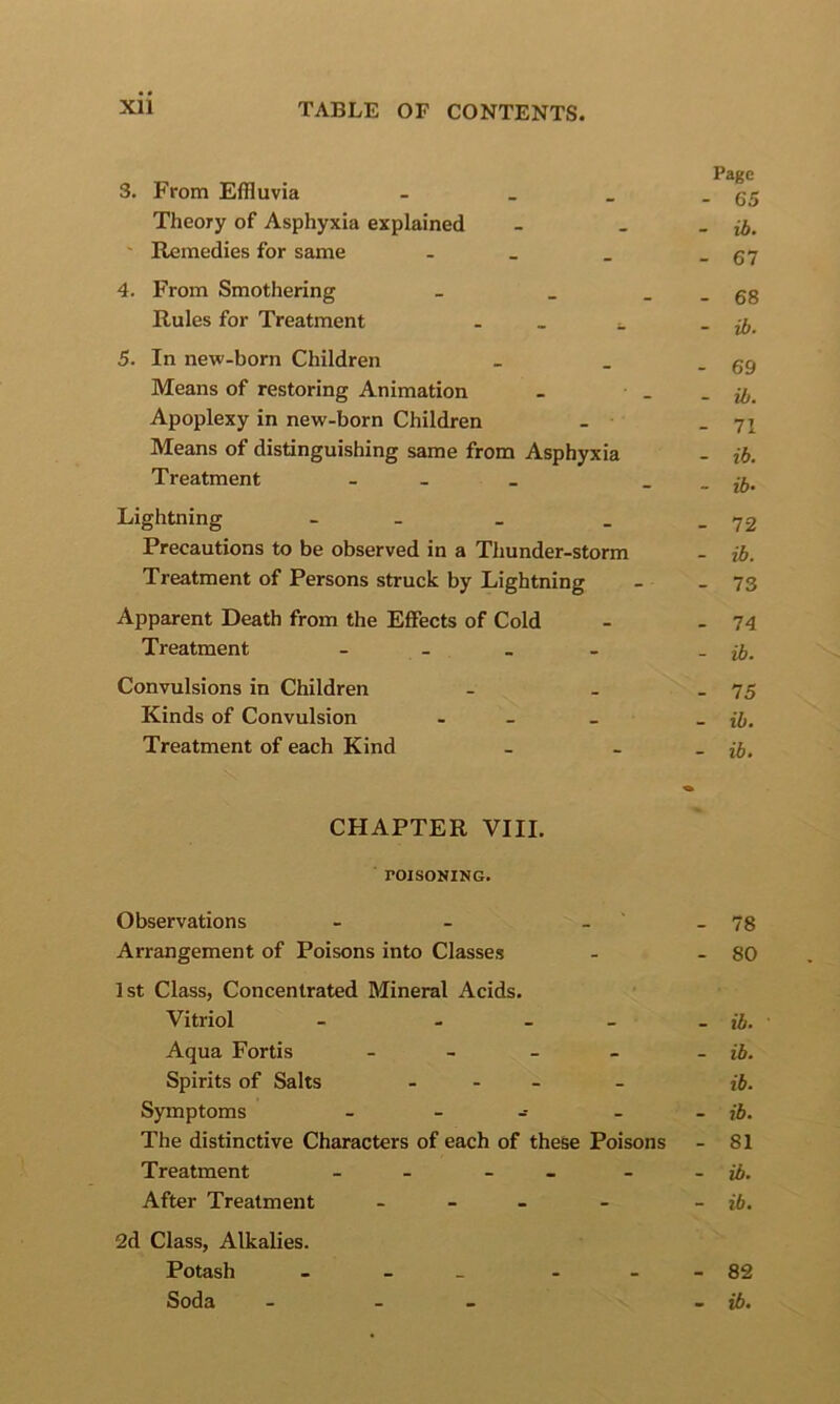 Page 3. From Effluvia - _ _ - 65 Theory of Asphyxia explained - - ~ ib. ' Remedies for same . _ _ - 67 4. From Smothering - _ _ _ gg Rules for Treatment . - ib. 5. In new-born Children _ _ - 69 Means of restoring Animation - _ - ib. Apoplexy in new-born Children - - 71 Means of distinguishing same from Asphyxia - ib. Treatment - - _ . . ib. Lightning - - _ . .72 Precautions to be observed in a Thunder-storm - ib. Treatment of Persons struck by Lightning - - 73 Apparent Death from the Effects of Cold - - 74 Treatment - _ - - ib. Convulsions in Children - . - 75 Kinds of Convulsion - - _ - ib. Treatment of each Kind - - _ ib. CHAPTER VIII. POISONING. Observations - - _ ' _ 7g Arrangement of Poisons into Classes - - 80 1st Class, Concentrated Mineral Acids. Vitriol - - - _ - ib. Aqua Fortis - - - - - ib. Spirits of Salts . - _ _ ib. Symptoms _ _ _ _ ib. The distinctive Characters of each of these Poisons - 81 Treatment - - - - - - ib. After Treatment - - - - - ib. 2d Class, Alkalies. Potash - - - - - - 82 Soda _ . _ ~ ib.