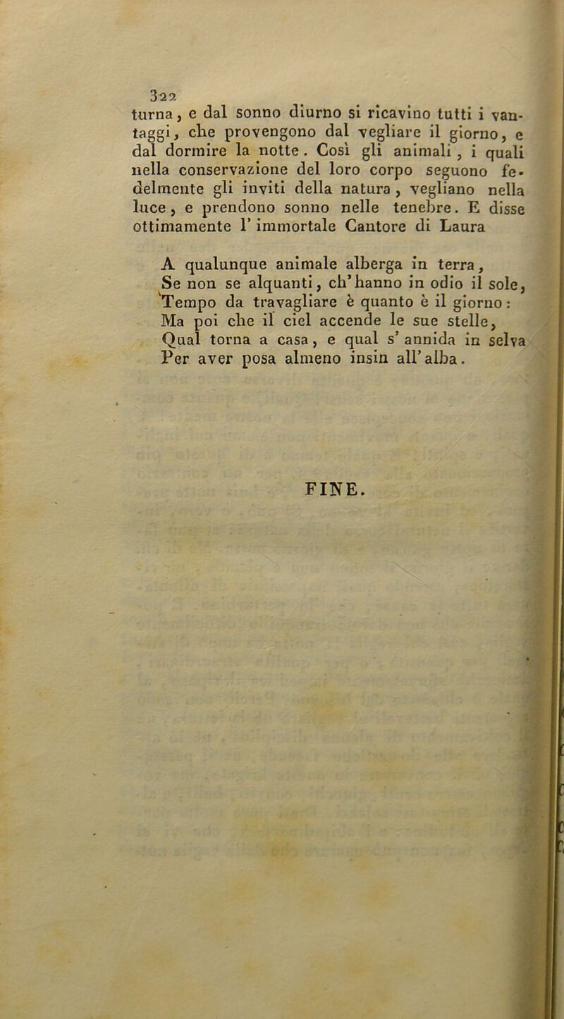 turna, e dal sonno diurno si ricavino tutti i van- taggi, che provengono dal -vegliare il giorno, c dal dormire la notte . Cosi gli animali, i quali nella conservazione del loro corpo seguono fe* delmente gli inviti della natura , vegliano nella luce , e prendono sonno nelle tenebre. E disse ottimamente l’immortale Cantore di Laura A qualunque animale alberga in terra, Se non se alquanti, ch’hanno in odio il sole. Tempo da travagliare è quanto è il giorno : Ma poi che il ciel accende le sue stelle. Qual torna a casa, e qual s’ annida in selva Per aver posa almeno insia all’alba. FINE.