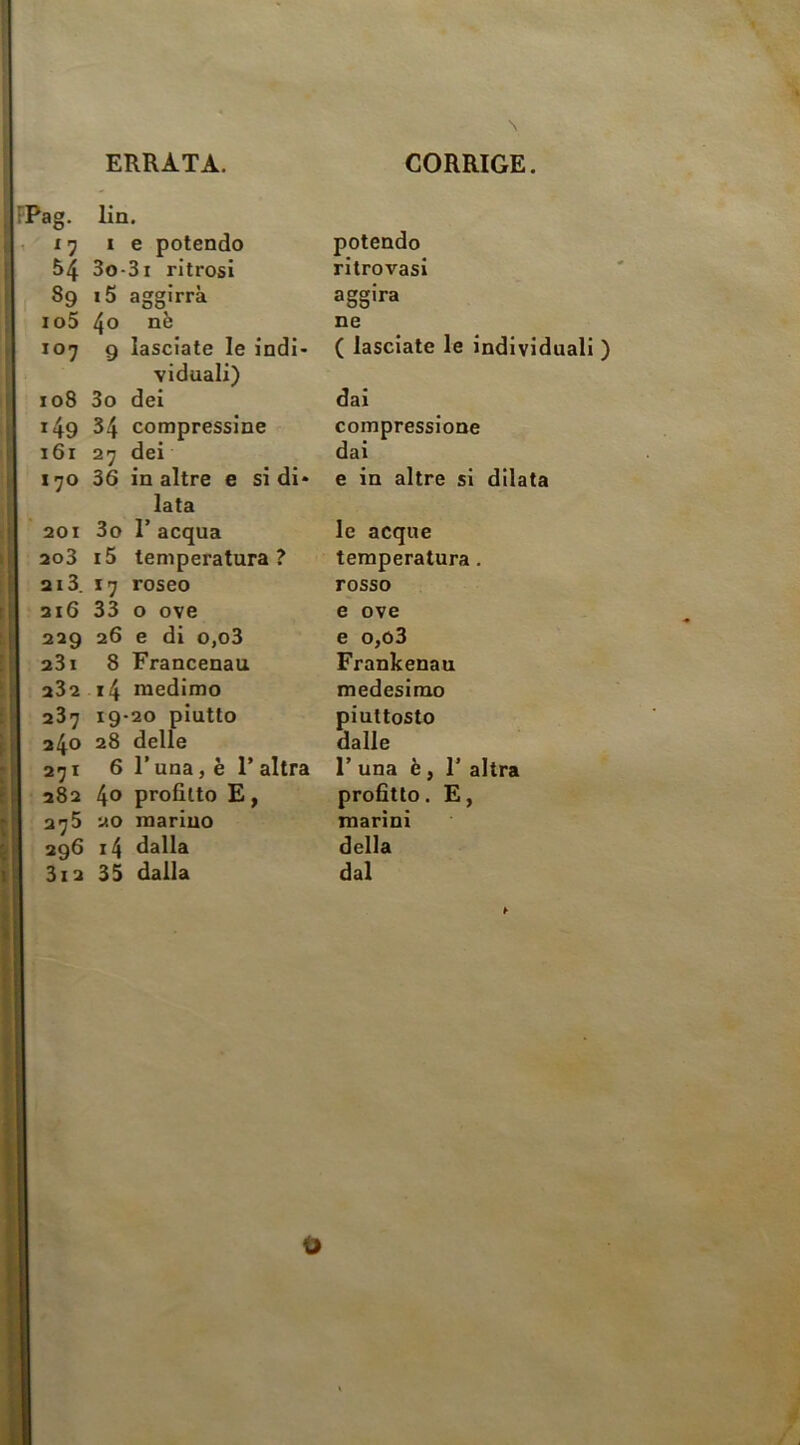ERRATA. CORRIGE. Pag. lin. X 5 le potendo 54 3o-3i ritrosi 89 i5 aggirrà io5 40 107 9 lasciate le indi- viduali) 108 3o dei 149 34 compressine 161 27 dei 170 36 in altre e si di- lata 201 3o l’acqua 2o3 i5 temperatura? 213. X7 roseo 216 33 o ove 229 26 e di o,o3 231 8 Francenau 282 14 medimo 287 19-20 piutto 240 28 delle 271 6 l’una, è 1’ altra 282 4° profitto E, 275 20 marino 296 14 dalla 3i2 35 dalla potendo ritrovasi aggira ne ( lasciate le individuali ) dai compressione dai e in altre si dilata le acque temperatura. rosso e ove e o,o3 Frankenau medesimo piuttosto dalle r una è , r altra profitto. E, marini della dal