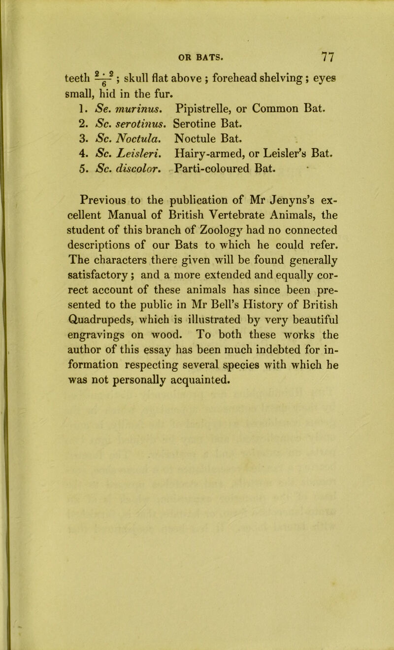 teeth ; skull flat above ; forehead shelving; eyes small, hid in the fur. 1. Se. murinus. Pipistrelle, or Common Bat. 2. Sc. serotinus. Serotine Bat. 3. Sc. Noctula. Noctule Bat. 4. Sc. Leisleri. Hairy-armed, or Leisler’s Bat. 5. Sc. discolor. Parti-coloured Bat. Previous to the publication of Mr Jenyns’s ex- cellent Manual of British Vertebrate Animals, the student of this branch of Zoology had no connected descriptions of our Bats to which he could refer. The characters there given will be found generally satisfactory; and a more extended and equally cor- rect account of these animals has since been pre- sented to the public in Mr Bell’s History of British Quadrupeds, which is illustrated by very beautiful engravings on wood. To both these works the author of this essay has been much indebted for in- formation respecting several species with which he was not personally acquainted.