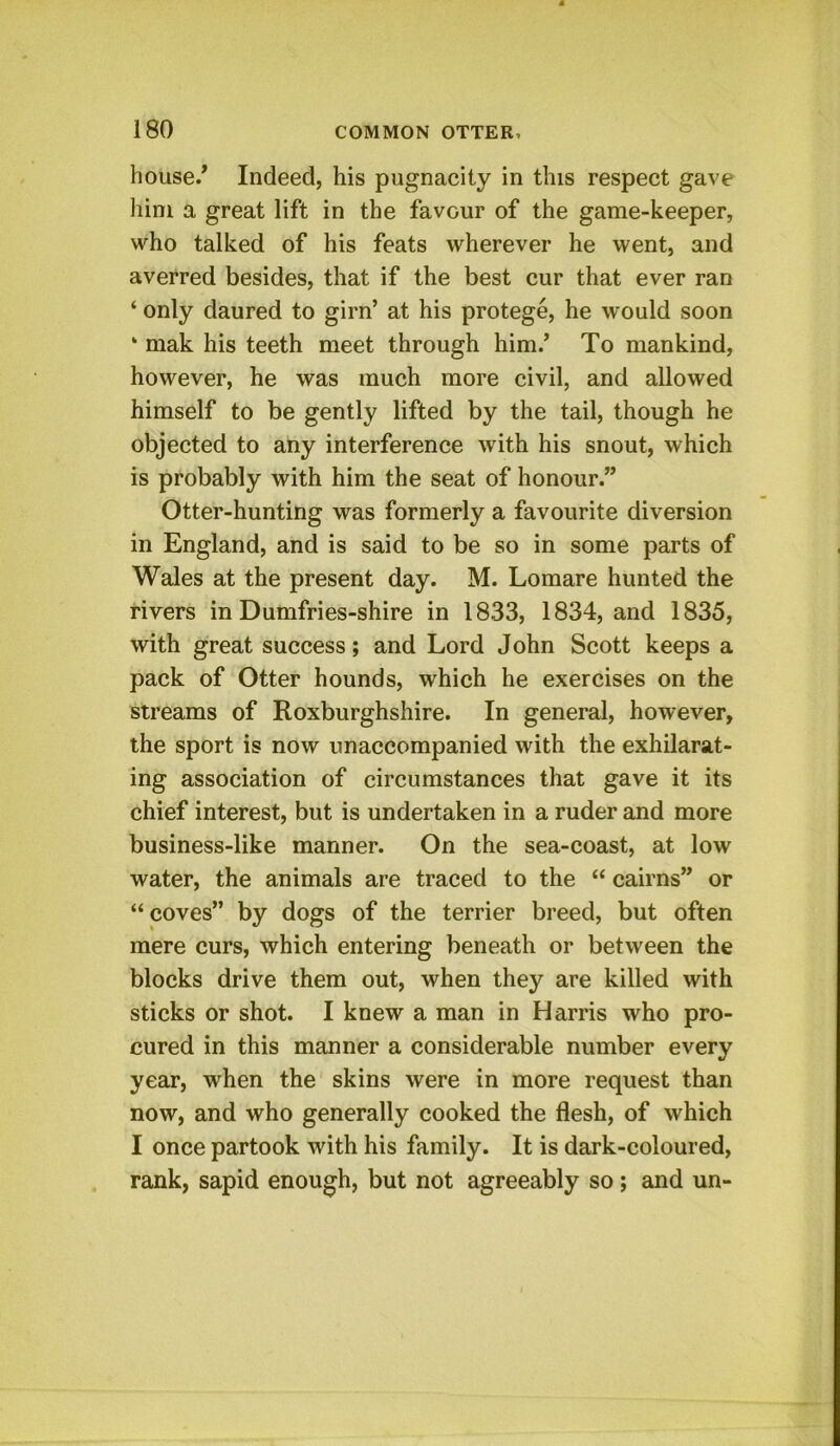 house/ Indeed, his pugnacity in this respect gave him a great lift in the favour of the game-keeper, who talked of his feats wherever he went, and averred besides, that if the best cur that ever ran ‘ only daured to girn’ at his protege, he would soon ‘ mak his teeth meet through him/ To mankind, however, he was much more civil, and allowed himself to be gently lifted by the tail, though he objected to any interference with his snout, which is probably with him the seat of honour.” Otter-hunting was formerly a favourite diversion in England, and is said to be so in some parts of Wales at the present day. M. Lomare hunted the rivers in Dumfries-shire in 1833, 1834, and 1835, with great success; and Lord John Scott keeps a pack of Otter hounds, which he exercises on the streams of Roxburghshire. In general, however, the sport is now unaccompanied with the exhilarat- ing association of circumstances that gave it its chief interest, but is undertaken in a ruder and more business-like manner. On the sea-coast, at low water, the animals are traced to the “ cairns” or “coves” by dogs of the terrier breed, but often mere curs, which entering beneath or between the blocks drive them out, when they are killed with sticks or shot. I knew a man in Harris who pro- cured in this manner a considerable number every year, when the skins were in more request than now, and who generally cooked the flesh, of which I once partook with his family. It is dark-coloured, rank, sapid enough, but not agreeably so; and un-