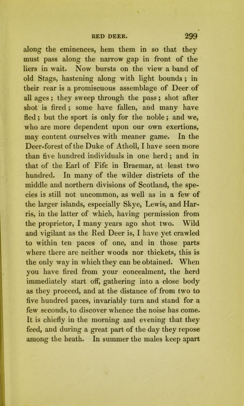 along the eminences, hem them in so that they must pass along the narrow gap in front of the liers in wait. Now bursts on the view a band of old Stags, hastening along with light bounds ; in their rear is a promiscuous assemblage of Deer of all ages; they sweep through the pass; shot after shot is fired ; some have fallen, and many have fled; but the sport is only for the noble; and we, who are more dependent upon our own exertions, may content ourselves with meaner game. In the Deer-forest of the Duke of Atholl, I have seen more than five hundred individuals in one herd; and in that of the Earl of Fife in Braemar, at least two hundred. In many of the wilder districts of the middle and northern divisions of Scotland, the spe- cies is still not uncommon, as well as in a few of the larger islands, especially Skye, Lewis, and Har- ris, in the latter of which, having permission from the proprietor, I many years ago shot two. Wild and vigilant as the Red Deer is, I have yet crawled to within ten paces of one, and in those parts where there are neither woods nor thickets, this is the only way in which they can be obtained. When you have fired from your concealment, the herd immediately start off, gathering into a close body as they proceed, and at the distance of from two to five hundred paces, invariably turn and stand for a few seconds, to discover whence the noise has come. It is chiefly in the morning and evening that they feed, and during a great part of the day they repose among the heath. In summer the males keep apart