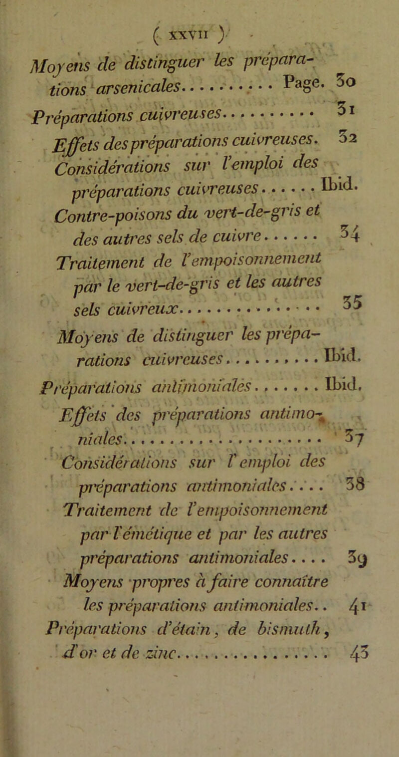 Moyens cle distinguer les prépara- tions arsenicales • • • Page. 3o Préparations cuivreuses 31 Effets des préparations cuivreuses. 32 Considérations sur l’emploi des préparations cuivreuses Ibid. Contre-poisons du vert-de-gris et des autres sels de cuivre 34 Traitement de l’empoisonnement ■par le vert-de-gris et les autres ... <. sels cuivreux. » J J Moyens de distinguer les prépa- rations cuivreuses Ibid. Préparations antimoniales Ibid. Effets des préparations antirno- ni aies ^7 Considérations sur l'emploi des préparations antimoniales.... 38 Traitement de l’empoisonnement par Témétique et par les autres préparations antimoniales.... 3<j Moyens propres à faire connaître les préparations antimoniales.. 41 Préparations d’étain, de bismuth, d'or et de zinc 43