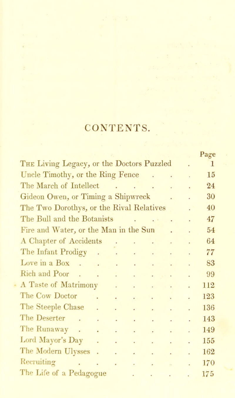 CONTENTS. The Living Legacy, or the Doctors Puzzled Page 1 Uncle Timothy, or the Ring Fence 15 The March of Intellect .... 24 Gideon Owen, or Timing a Shipwreck 30 The Two Dorothys, or the Rival Relatives 40 The Bull and the Botanists . . 47 Fire and Water, or the Man in the Sun 54 A Chapter of Accidents .... 64 The Infant Prodigy ..... 77 Love in a Box ...... S3 Rich and Poor ...... 99 A Taste of Matrimony .... . 112 The Cow Doctor ..... . 123 The Steeple Chase . 136 The Deserter . 143 The Runaway ...... . 149 Lord Mayor’s Day ..... . 155 The Modern Ulysses ..... . 162 Recruiting ..... . 170 The Life of a Pedagogue . 175