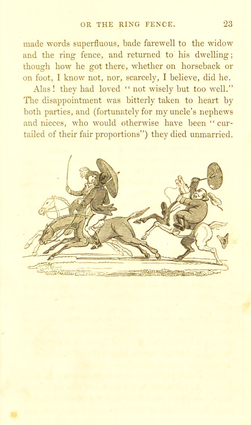 made words superfluous, bade farewell to the widow and the ring fence, and returned to his dwelling; though how he got there, whether on horseback or on foot, I know not, nor, scarcely, I believe, did he. Alas ! they had loved “ not wisely but too well.” The disappointment was bitterly taken to heart by both parties, and (fortunately for my uncle’s nephews and nieces, who would otherwise have been “cur- tailed of their fair proportions”) they died unmarried.
