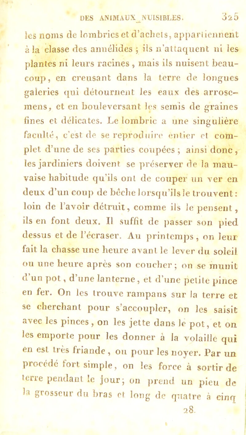les noms de lombrics etd’aclicts, appartiennent à la classe des annélides ; ils n’attaquent ni les plantes ni leurs racines , mais ils nuisent beau- coup, en creusant dans la terre de longues galeries qui détournent les eaux des arrose- mens, et en bouleversant les semis de graines fines et délicates. Le lombric a une singulière faculté, c’est de se reproduire entier et com- plet d’une de ses parties coupées ; ainsi donc, les jardiniers doivent se préserver de la mau- vaise habitude qu’ils ont de couper un ver en deux d’un coup de bêche lorsqu’ils le trouvent : loin de l’avoir détruit, comme ils le pensent, ils en font deux. Il suffit de passer son pied dessus et de l’écraser. Au printemps, on leur fait la chasse une heure avant le lever du soleil ou une heure après son coucher; on se munit d’un pot, d’une lanterne, et d’une petite pince en fer. On les trouve rampans sur la terre et se cherchant pour s’accoupler, on les saisit avec les pinces, on les jette dans Je pot, et on les emporte pour les donner à la volaille qui en est 1res friande , ou pour les noyer. Par un procédé fort simple, on les force à sortir de terre pendant le jour; on prend un pieu de l i grosseur du bras et long de quatre à cinq 28.