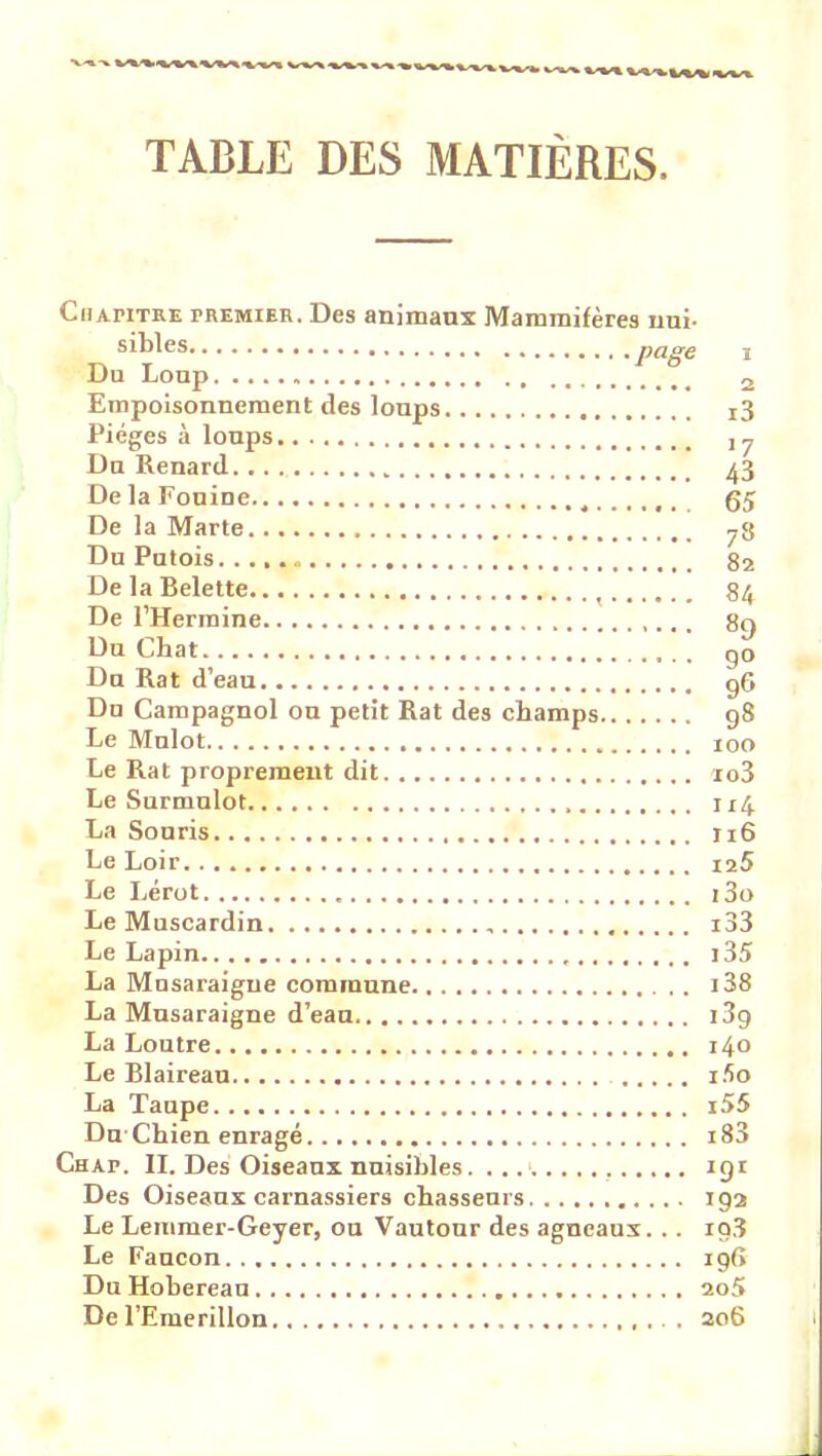 TABLE DES MATIERES. Chapitre tremier. Des animaux Mammifères nui- sibles. .. T) fl O'P du Loup Empoisonnement des loups Pièges à loups Du Renard De la Fouine De la Marte Du Putois. . .,. „ De la Belette De l’Hermine Du Chat Du Rat d’eau Du Campagnol on petit Rat des champs Le Mulot Le Rat proprement dit Le Surmulot La Souris Le Loir Le Lérot Le Muscardin , Le Lapin La Musaraigne commune La Musaraigne d’ean La Loutre Le Blaireau La Taupe Du1 Chien enragé Chap. II. Des Oiseaux nuisibles. . Des Oiseaux carnassiers chasseurs Le Lemmer-Geyer, on Vautour des agneaux. .. Le Faucon Du Hobereau De l’Emerillon i3 >7 43 65 78 82 84 89 9° 9n 98 100 io3 114 116 115 i3o x33 i35 i38 i3g 140 i.4o i55 i83 *9* 192 io3 196 205 206