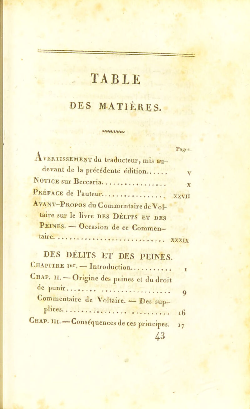 TABLE DES MATIÈRES. A Avertissement du traducteur, mis au- devant de la précédente édition y Notice sur Beccaria Préface de l'autem- xxvii Avant-Propos du Commentaire de Vol- taire sur le livre DES DÉLITS et des Peines. — Occasion de ce Commen- xxxix DES DÉLITS ET DES PEINES. Chapitre ler. _ Introduction , Chap. il —Origine des peines et du droit punir de Commentaire de Yoltaire. — Des sup- 9 Pl'ces Chap. m. — Conséquences de ces principes. 17 4-