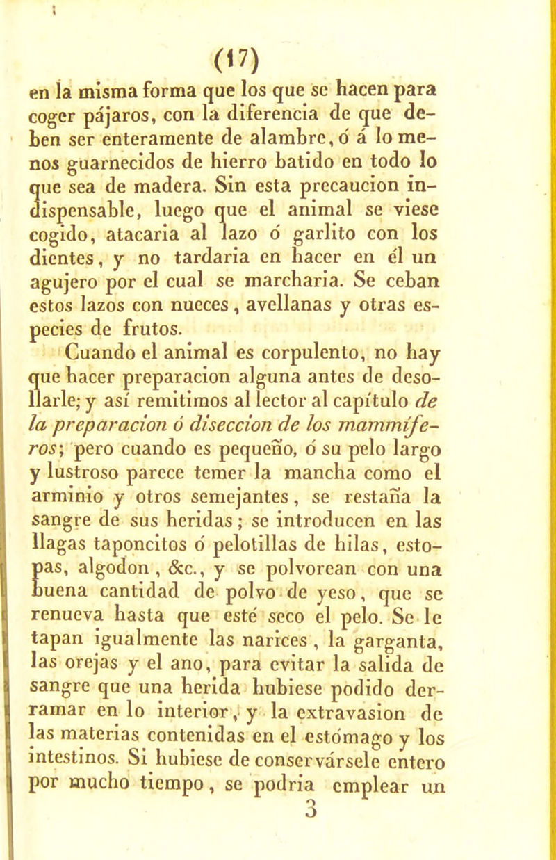 en la misraa forma que los que se hacen para cogcr pajaros, con la diferencia de que de- ben ser enteramente de alambre, d a lo rae- nos guarnecidos de hierro batido en todo lo que sea de madera. Sin esta precaucion in- dispensable, luego que el animal se viese cogido, atacaria al lazo o' garlito con los dientes, y no tardaria en hacer en el un agujero por el cual se marcharia. Se ceban estos lazos con nueces, avellanas y otras es- pecies de frutos. Cuando el animal es corpulento, no hay Sue hacer preparacion alguna antes de deso- arle; y asi remitimos al lector al capitulo de la preparacion 6 diseccion de los mammife- ros; pero cuando es pequeno, o' su pelo largo y lustroso parece temer la mancha como el arminio y otros semejantes, se restana la sangre de sus heridas; se introducen en las llagas taponcitos d pelotillas de hilas, esto- Eas, algodon, &c, y se polvorean con una uena cantidad de polvo de yeso, que se renueva hasta que este' seco el pelo. Se le tapan igualmente las narices , la garganta, las orejas y el ano, para evitar la salida de sangre que una herida hubiese podido der- ramar en lo interiorly la extravasion de las materias contenidas en el estdmago y los intestinos. Si hubiese de conservarsele entero por mucho tiempo, se podria cmplear un 3