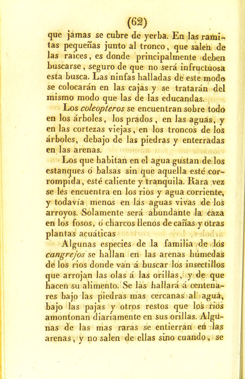 que jamas se cubre de yerba. En las rami- tas peguenas junto al tronco, que salen de las raices, es donde principalmente deben buscarse, seguro de que no sera infructuosa esta busca. Las ninfas halladas de este modo se colocaran en las cajas y se trataran del mismo modo que las de las educandas. Los coleopteros se encuentran sobre todo en los arboles, los prados , en las aguas, y en las cortezas viejas, en los troncos de los arboles, debajo de las piedras y enterradas en las arenas. Los que habitan en el agua gustan de los estanques o' balsas sin que aquclla este cor- rompida, este caliente y tranquila. Kara vez se Ids encuentra en los rios y agua corriente, y todavi'a menos en las aguas vivas de los arroyos. Solamente sera abundante la eaza en los fosos, o charcos Henos de canas y otras plantas acuaticas Algunas especies de la familia de los cangrejos• se hallan en las arenas humedas de los rios donde van a buscar los insectillos que arrojan las olas a las orillas, y de que nacen su alimento. Se las hallara a centenai- res bajo las piedras rnas cercanas al agua, bajo las pajas y otros restos que los rios amontonan diariamente en sus orillas. Algu- nas de las mas raras se entierran eti las arenas, y no salen de ellas sino cuando, se