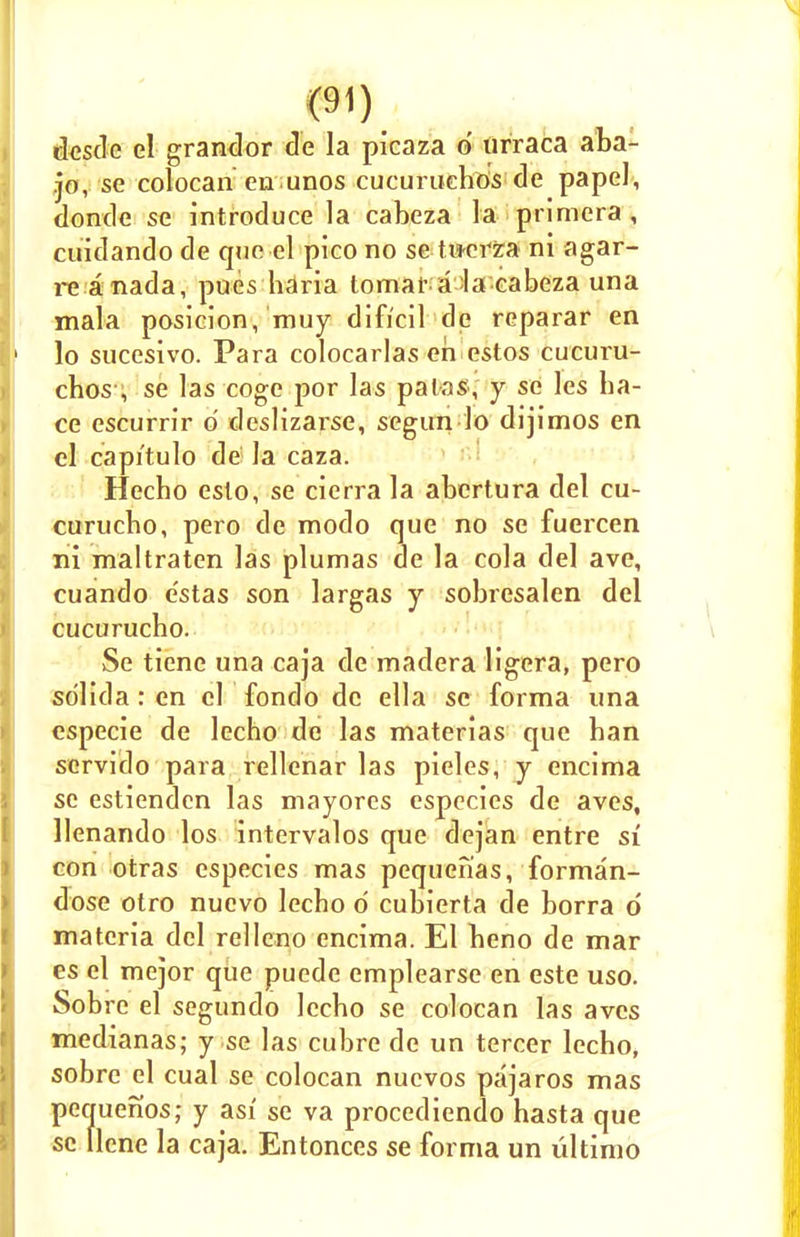 desde el grandor de la picaza d urraca aba- jo, se colocan en unos cucuruchds de papel, donde se introduce la cabeza la primera , cuidando de que el pico no se tucrza ni agar- ic a nada, pues haria tomar a la cabeza una mala posicion, muy dificil de reparar en lo sucesivo. Para colocarlas en estos cucuru- chos , se las coge por las patas, y se les ha- ce escurrir d deslizarse, segun lo dijimos en el capitulo de la caza. Hecho eslo, se cierra la abcrtura del cu- curucho, pero de modo que no se fuercen ni maltraten las plumas de la cola del ave, cuando estas son largas y sobresalen del cucurucho. Se tiene una caja de madera ligera, pero sdlida : en el fondo de ella se forma una especie de lecho de las materias que ban servido para rellenar las pieles, y encima se estiendcn las mayores especies de aves, llenando los intervalos que dejan entre si con otras especies mas pequenas, forman- dose otro nucvo lecbo d cubierta de borra d materia del relleno encima. El beno de mar es el mejor que puede emplearse en este uso. Sobre el segundo lecbo se colocan las aves medianas; y se las cubre de un tercer lecho, sobre el cual se colocan nucvos pajaros mas pequenos; y asi' se va procediendo hasta que sc llene la caja. Entonces se forma un ultimo
