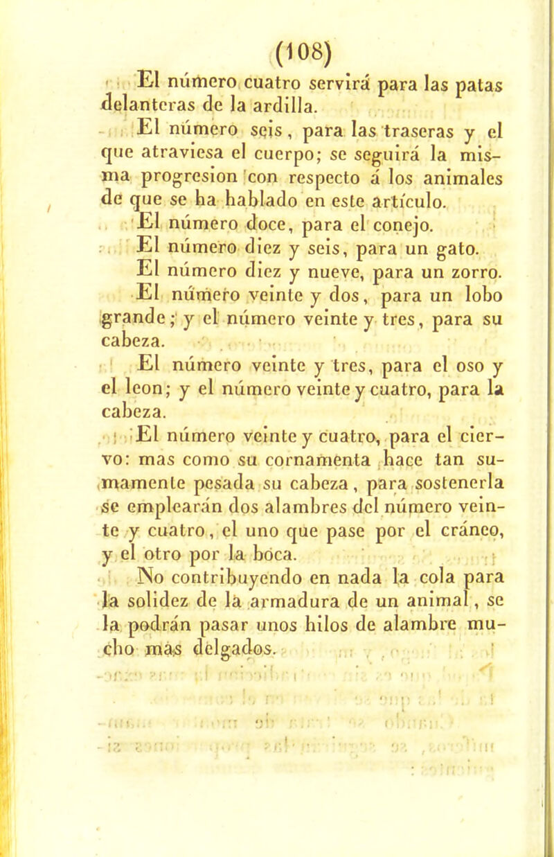 EI numero cuatro servira para las patas delantcras de la ardilla. El numero seis, para las traseras y cl que atraviesa el cuerpo; se seguira la mis- ma progresion con respecto a los animales de que se ha hablado en este articulo. El numero doce, para el conejo. El numero diez y seis, para un gato. El numero diez y nueve, para un zorro. EI numero veinte y dos, para un lobo grande ;j y el numero veinte y tres, para su cabeza. El numero veinte y tres, para el oso y el leon; y el numero veintey cuatro, para la cabeza. El numero veinte y cuatro, para el cier- vo: mas como su cornamenta hace tan su- mamenle pesada su cabeza, para sostenerla se emplearan dos alambres del numero vein- te y cuatro, el uno que pase por el cranco, y el otro por la bbca. No contribuyendo en nada la cola para la solidez de la armadura de un animal, se la podran pasar unos hilos de alambre mu- cbo mas delgados. ■ -un