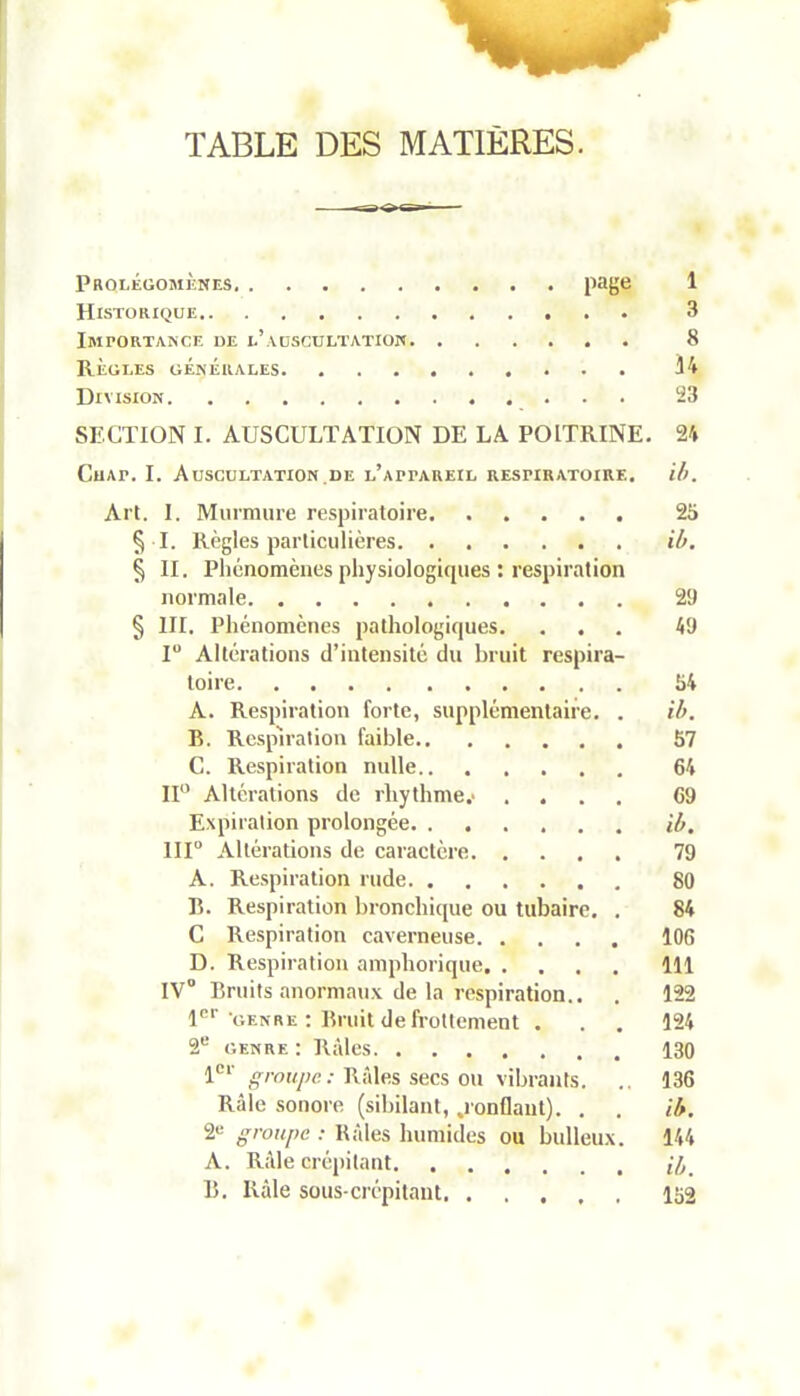 TABLE DES MATIÈRES. Prolégomènes page 1 Historique 3 Importance de l’auscultation 8 Règles générales 34 Division 23 SECTION I. AUSCULTATION DE LA POITRINE. 24 CuAr. I. Auscultation de l’appareil respiratoire. ib. Art. I. Murmure respiratoire 25 § I. Règles particulières ib. § II. Phénomènes physiologiques : respiration normale 29 5 III. Phénomènes pathologiques. ... 49 1° Altérations d’intensité du bruit respira- toire 54 A. Respiration forte, supplémentaire. . ib. B. Respiration faible 57 C. Respiration nulle 64 11° Altérations de rliythme,* .... 69 Expiration prolongée ib. 111° Altérations de caractère 79 A. Respiration rude 80 B. Respiration bronchique ou tubaire. . 84 C Respiration caverneuse 106 D. Respiration amphorique 111 IV° Bruits anormaux de la respiration.. . 122 1er 'genre : Bruit de frottement ... 124 2e genre : Râles 130 1er groupe: Râles secs ou vibrants. .. 136 Râle sonore (sibilant, .ronflant). . . ib. 2e groupe : Râles humides ou bulleux. 144 A. Râle crépitant ib B. Râle sous-crépitaut 152