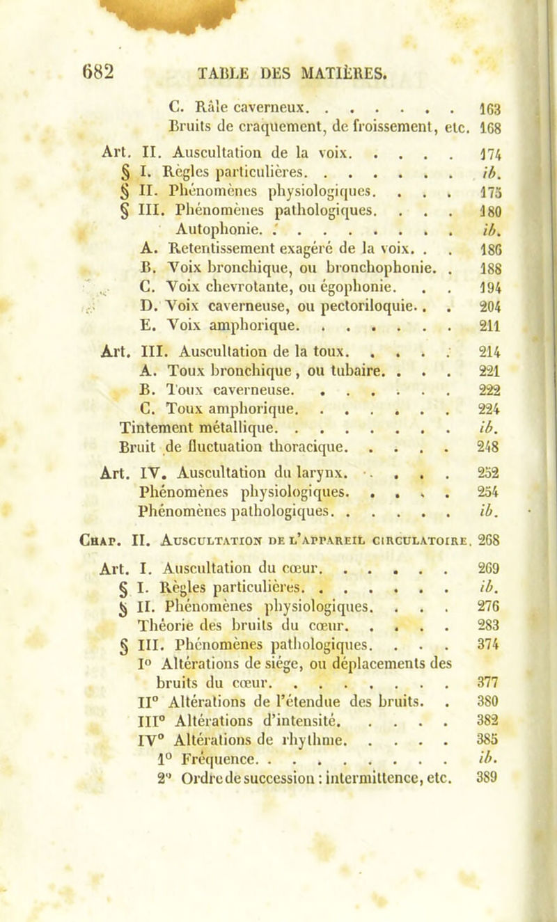 C. Râle caverneux 163 Bruits de craquement, de froissement, etc. 168 Art. II. Auscultation de la voix 174 § I. Règles particulières ib. § II. Phénomènes physiologiques. . . . 175 § III. Phénomènes pathologiques. . . . 180 Autophonie. .' ib. A. Retentissement exagéré de la voix. . 186 B. Voix bronchique, ou bronchophonie. . 188 C. Voix chevrotante, ou égophonie. . . 194 D. Voix caverneuse, ou pectoriloquie.. . 204 E. Voix amphorique 211 Art. III. Auscultation de la toux. .... 214 A. Toux bronchique, ou tubaire. . . . 221 B. Toux caverneuse 222 C. Toux amphorique 224 Tintement métallique ib. Bruit de fluctuation thoracique 248 Art. IV. Auscultation du larynx. .... 252 Phénomènes physiologiques. .... 254 Phénomènes pathologiques ib. Chap. II. Auscultation de l'appareil circulatoire, 2G8 Art. I. Auscultation du cœur 269 § I. Règles particulières ib. t) II. Phénomènes physiologiques. . . . 276 Théorie des bruits du cœur 283 § III. Phénomènes pathologiques. . . . 374 1° Altérations de siège, ou déplacements des bruits du cœur 377 II0 Altérations de l’étendue des bruits. . 380 111° Altérations d’intensité 382 IV° Altérations de rhylhme 385 1° Fréquence ib. 2 Ordre de successiou : intermittence, etc. 389