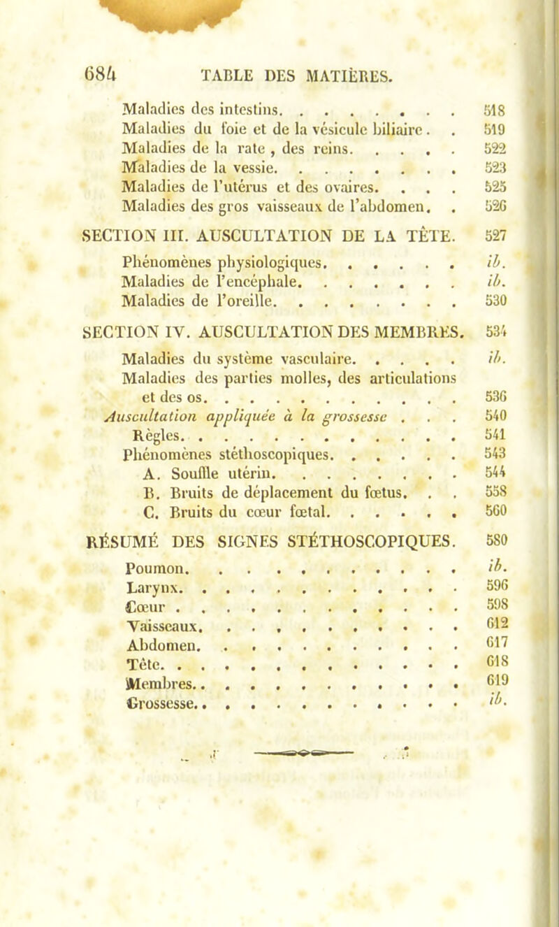 Maladies des intestins 518 Maladies du foie et de la vésicule biliaire. . 519 Maladies de la rate , des reins 522 Maladies de la vessie 523 Maladies de l’utérus et des ovaires. . . . 525 Maladies des gros vaisseaux de l’abdomen. . 52G SECTION III. AUSCULTATION DE LA TÈTE. 527 Phénomènes physiologiques ib. Maladies de l’encéphale ib. Maladies de l’oreille 530 SECTION IV. AUSCULTATION DES MEMBRES. 534 Maladies du système vasculaire ib. Maladies des parties molles, des articulations et des os 53G Auscultation appliquée à la grossesse . . . 540 Règles 541 Phénomènes stéthoscopiques 543 A. Souille utérin 544 B. Bruits de déplacement du fœtus. . . 558 C. Bruits du cœur fœtal 5G0 RÉSUMÉ DES SIGNES STÉTHOSCOPIQUES. 580 Poumon ib. Larynx 59G Cœur 598 Vaisseaux. 512 Abdomen. . 517 Tète 518 Membres 519 Grossesse ib. ,[■