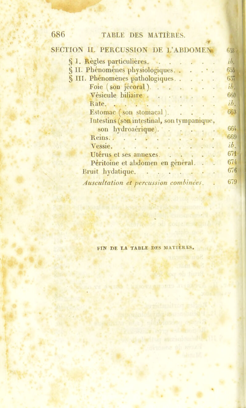 SECTION II. PERCUSSION DE L’ABDOMEN» I. Règles particulières. II. Phénomènes physiologiques. . . . • . III. Phénomènes pathologiques Foie (son jécoral) Vésicule biliaire Rate Estomac (son stomacal) Intestins (son intestinal, son tympanique, son hydroaérique). ' Reins Vessie Utérus et ses annexes Péritoine et abdomen en général. . Bruit hydatique. . . . . Auscultation et percussion combinées. FIN DE I.A TABLE DES MATIERES,