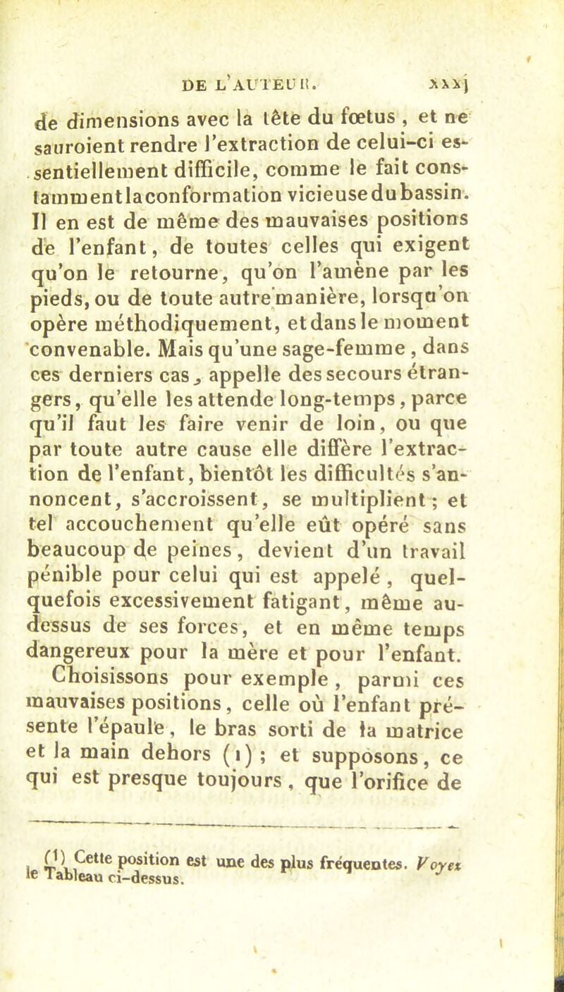 de dimensions avec la tête du fœtus , et ne sauroient rendre l’extraction de celui-ci es» sentiellement difficile, comme le fait cons- tamment la conformation vicieuse du bassin. Il en est de même des mauvaises positions de l’enfant, de toutes celles qui exigent qu’on le retourne, qu’on l’amène par les pieds, ou de toute autre manière, lorsqu’on opère méthodiquement, etdans le moment convenable. Mais qu’une sage-femme , dans ces derniers cas., appelle des secours étran- gers , qu’elle les attende long-temps, parce qu’il faut les faire venir de loin, ou que par toute autre cause elle diffère l’extrac- tion de l’enfant, bientôt les difficultés s’an- noncent, s’accroissent, se multiplient; et tel accouchement quelle eût opéré sans beaucoup de peines, devient d’un travail pénible pour celui qui est appelé , quel- quefois excessivement fatigant, même au- dessus de ses forces, et en même temps dangereux pour la mère et pour l’enfant. Choisissons pour exemple , parmi ces mauvaises positions, celle où l’enfant pré- sente l’épaule, le bras sorti de la matrice et la main dehors (i) ; et supposons, ce qui est presque toujours , que l’orifice de i »r l f“ette position est une des plus frequentes. Voyet (e Tableau ci-dessus. t