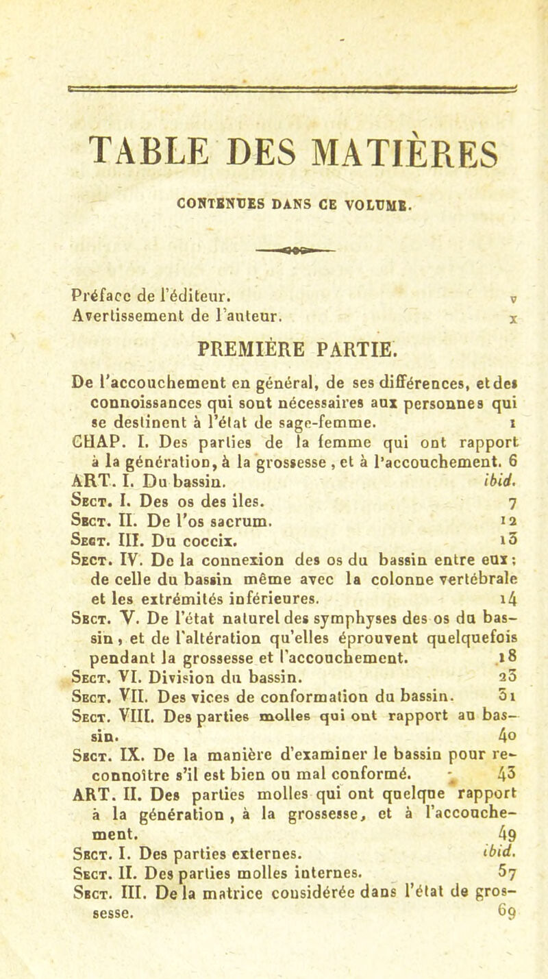 TABLE DES MATIÈRES CONTENTES DANS CE VOLTMB. Préface de l’éditeur. Avertissement de l’auteur. PREMIÈRE PARTIE. De l’accouchement en général, de ses différences, etde» connoissances qui sont nécessaires aux personnes qui se destinent à l’état de sage-femme. i CHAP. I. Des parties de la femme qui ont rapport à la génération, à la grossesse , et à l’accouchement. 6 ART. I. Du bassin. ibid. Sect. I. Des os des iles. 7 Sect. II. De l’os sacrum. 12 Sect. III. Du coccix. i3 Sect. IV. De la connexion des os du bassin entre eux : de celle du bassin même avec la colonne vertébrale et les extrémités inférieures. r4 Sect. V. De l’état naturel des symphyses des os du bas- sin , et de l'altération qu’elles éprouvent quelquefois pendant la grossesse et l’accouchement. 18 Sect. VI. Division du bassin. 25 Sect. VII. Des vices de conformation du bassin. 5i Sect. VIII. Des parties molles qui ont rapport au bas- sin. 4» Sect. IX. De la manière d’examiner le bassin pour re- connoître s’il est bien ou mal conformé. 43 ART. II. Des parties molles qui ont quelque rapport à la génération , à la grossesse, et à l’accouche- ment. 49 Sbct. I. Des parties externes. ibid. Sect. II. Des parties molles internes. Sbct. III. Delà matrice considérée dans l’état de gros- sesse. 69