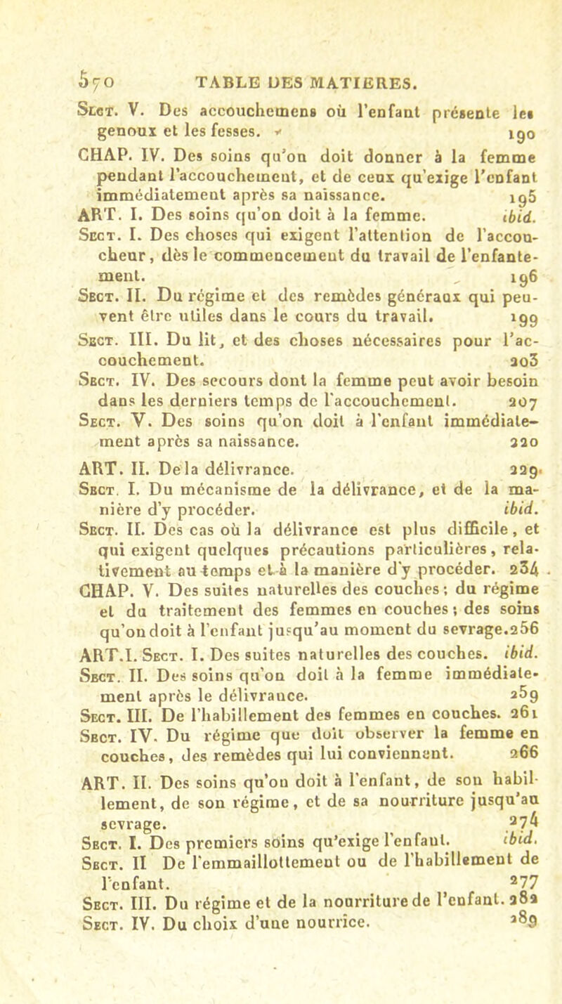 Sect. V. Des aecouchemcns où l’enfant présente le* genoux et les fesses. * igo GHAP. IV. Des soins qu’on doit donner à la femme pendant l'accouchement, et de ceux qu’exige l’enfant immédiatement après sa naissance. ig5 ART. I. Des soins qu’on doit à la femme. ibid. Sect. I. Des choses qui exigent l’attention de l’accou- cheur, dès le commencement du travail de l’enfante- ment. „ 196 Sect. II. Du régime et des remèdes généraux qui peu- vent être utiles dans le cours du travail. 199 Sect. III. Du lit, et des choses nécessaires pour l’ac- couchement. ao3 Sect. IV. Des secours dont la femme peut avoir besoin dans les derniers temps de l'accouchement. 207 Sect. Y. Des soins qu’on doit à l’enfant immédiate- ment apres sa naissance. 220 ART. IL Delà délivrance. 229. Sect. I. Du mécanisme de la délivrance, et de ia ma- nière d’y procéder. ibid. Sect. II. Des cas où la délivrance est plus difficile, et qui exigent quelques précautions particulières , rela- tivement au temp9 et à la manière d'y procéder. 234 • GHAP. V. Des suites naturelles des couches ; du régime et du traitement des femmes en couches ; des soins qu'on doit à l’enfant jusqu’au moment du sevrage.256 ART.I. Sect. I. Des suites naturelles des couches, ibid. Sect. II. Des soins qu’on doit à la femme immédiate- ment après le délivrauce. 2^9 Sect. III. De l'habillement des femmes en couches. 261 Sbct. IV- Du régime que doit observer la femme en couches, des remèdes qui lui conviennent. 266 ART. II. Des soins qu’on doit à l’enfant, de sou babil lement, de son régime, et de sa nourriture jusqu’au sevrage. 274 Sect. I. Des premiers soins qu’exige l’enfant. ibid. Sect. II De l’emmaillottement ou de l'habillement de l’enfant. 277 Sect. III. Du régime et de la nourriture de l’enfant. 28a Sect. IV. Du choix d’une nourrice. *89