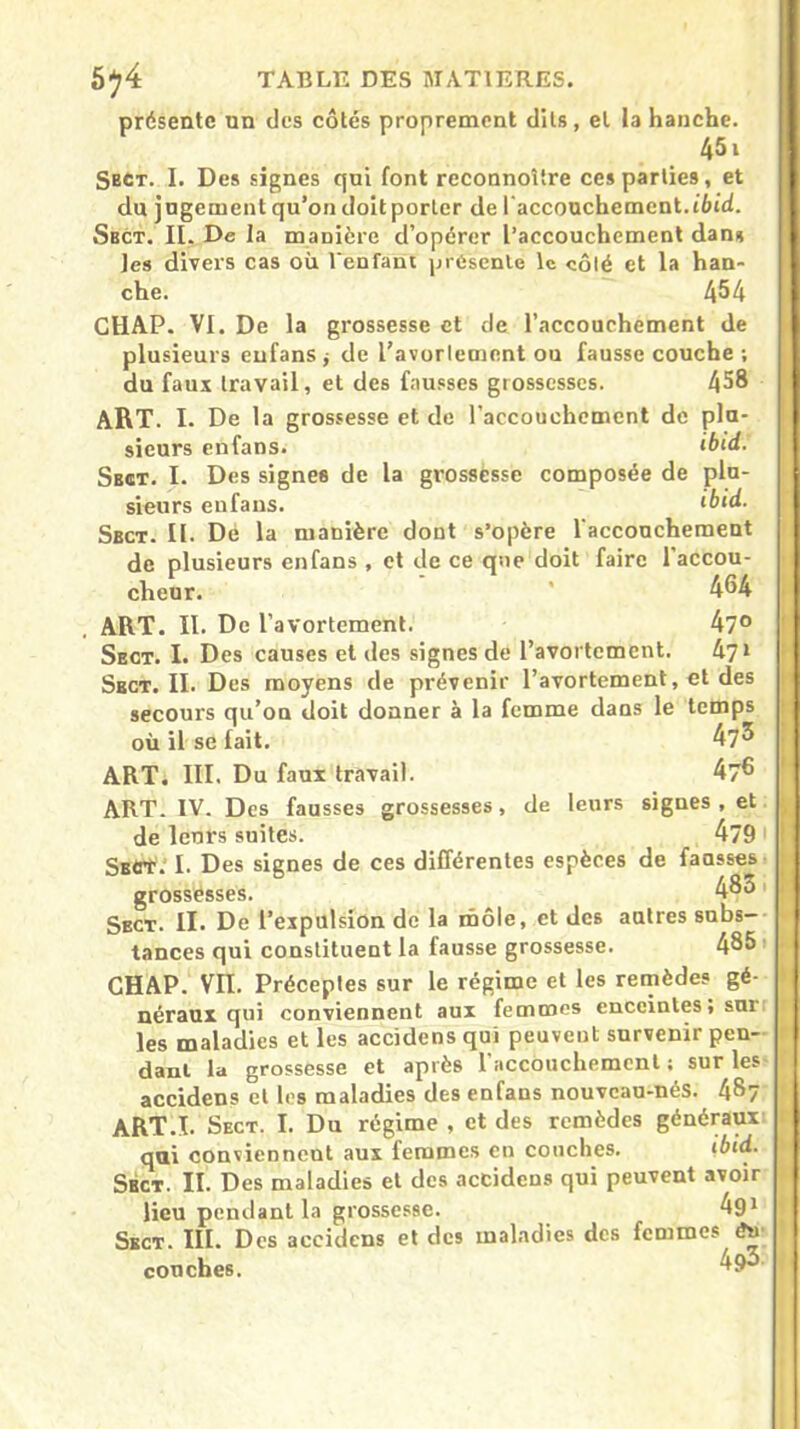 présente un des côtés proprement dits , et la hanche. 451 Sect. I. Des signes qui font reconnoître ces parties, et du jugement qu’on doit porter de l'accouchement, ibid. Sbct. II, De la manière d’opérer l’accouchement dans les divers cas où l'enfant présente le côté et la han- che. 454 ClIAP. VI. De la grossesse et de l’accouchement de plusieurs eufans^ de l’avortement ou fausse couche ; du faux travail, et des fausses grossesses. 458 ART. I. De la grossesse et de l’accouchement de plu- sieurs enfans. ibid. Sbct. I. Des signes de la grossesse composée de plu- sieurs enfans. ibid. Sbct. II. De la manière dont s’opère l'accouchement de plusieurs enfans , et de ce que doit faire l’accou- cheur. * 4^4 ART. II. De l’avortement. 47° Sect. I. Des causes et des signes de l’avortement. 471 Sbct. II. Des moyens de prévenir l’avortement, et des secours qu’on doit donner à la femme dans le temps où il se fait. 47^ ART; III. Du faux travail. 47^ ART. IV. Des fausses grossesses, de leurs signes, et de leurs suites. 4791 Sbct. I. Des signes de ces différentes espèces de fausses grossésses. 483 > Sect. II. De l’expulsion de la môle, et des autres subs- tances qui constituent la fausse grossesse. 485 GHAP. VII. Préceptes sur le régime et les remèdes gé- néraux qui conviennent aux femmes enceintes, sur les maladies et les accidens qui peuvent survenir pen- dant la grossesse et après l’accouchement ; sur les accidens et les maladies des enfans nouveau-nés. 487 ART.I. Sect. I. Du régime , et des remèdes généraux qui conviennent aux femmes en couches. ibid. Sbct. IL Des maladies et des accidens qui peuvent avoir lieu pendant la grossesse. 491 Sbct. III. Des accidens et des maladies des femmes én couches. 4&3