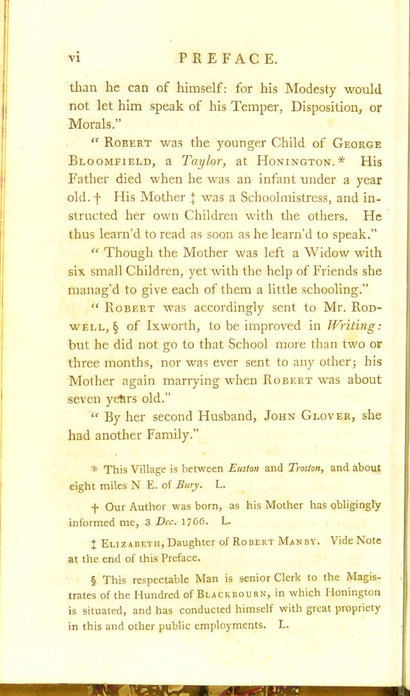 than he can of himself: for his Modesty would not let him speak of his Temper, Disposition, or Morals.  Robert was the younger Child of George Bloomfield, a Taylor, at Honington.* His Father died when he was an infant under a year old. f His Mother { was a Schoolmistress, and in- structed her own Children with the others. He thus learn'd to read as soon as he learn'd to speak.  Though the Mother was left a Widow with six small Children, yet with the help of Friends she manag'd to give each of them a little schooling.  Robert was accordingly sent to Mr. Rod- well^ of Ixworth, to be improved in Writing: but he did not go to that School more than two or three months, nor was ever sent to any other; his Mother again marrying when Robert was about seven yetirs old.  By her second Husband, John Glover, she had another Family. * This Village is between Elision and Trosiott, and about eight miles N E. of Bury. L. f Our Author was born, as his Mother has obligingly informed me, 3 Dec. l/GG. L. % Elizabeth, Daughter of Robert Manby. Vide Note at the end of this Preface. § This respectable Man is senior Clerk to the Magis- trates of the Hundred of Blackbourn, in which Honington is situated, and has conducted himself with great propriety in this and other public employments. L.