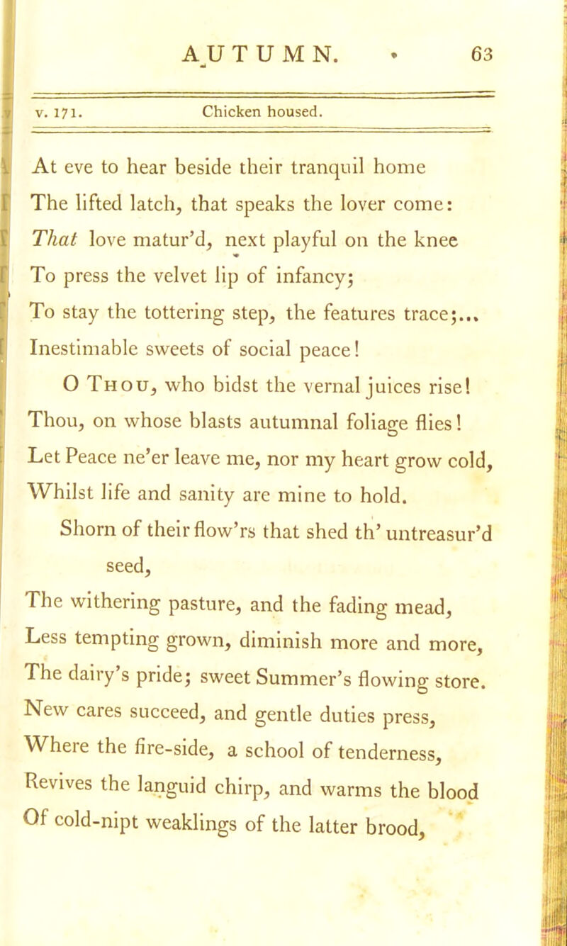 v. 171. Chicken housed. At eve to hear beside their tranquil home The lifted latch, that speaks the lover come: That love matur'd, next playful on the knee To press the velvet lip of infancy; To stay the tottering step, the features trace;... Inestimable sweets of social peace! O Thou, who bidst the vernal juices rise! Thou, on whose blasts autumnal foliage flies! Let Peace ne'er leave me, nor my heart grow cold, Whilst life and sanity are mine to hold. Shorn of their flow'rs that shed th' untreasur'd seed, The withering pasture, and the fading mead, Less tempting grown, diminish more and more, The dairy's pride; sweet Summer's flowing store. New cares succeed, and gentle duties press, Where the fire-side, a school of tenderness, Revives the languid chirp, and warms the blood Of cold-nipt weaklings of the latter brood,