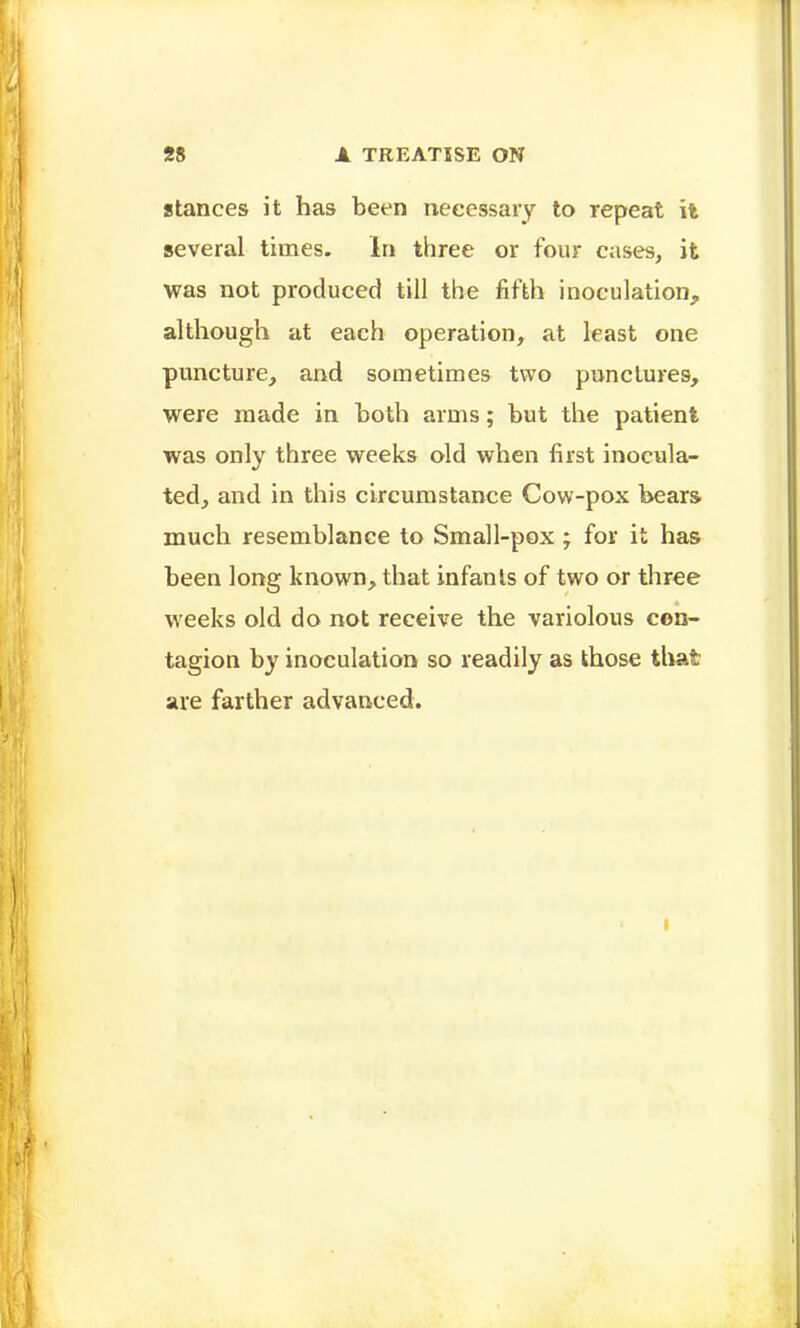 stances it has been necessary to repeat it several times. In three or four cases, it was not produced till the fifth inoculation, although at each operation, at least one puncture, and sometimes two punctures, were made in both arms; but the patient was only three weeks old when first inocula- ted, and in this circumstance Cow-pox bears much resemblance to Small-pox ; for it has been long known, that infants of two or three weeks old do not receive the variolous con- tagion by inoculation so readily as those that are farther advanced. t