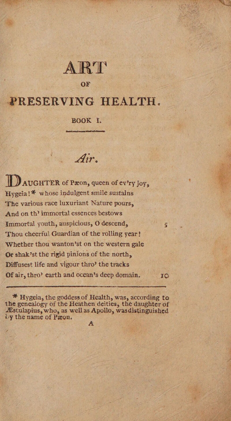 ART OF PRESERVING HEALTH. BOOK f. LAr. Daveurter of Peon, queen of ey’ry joy, Hygeia!* whose indulgent smile sustains ‘The various race luxuriant Nature pours, And on th’ immortal essences bestows Immortal youth, auspicious, O descend, 5 Thou cheerful Guardian of the rolling year! ‘Whether thou wanton’st on the western gale ‘Or shak’st the rigid pinions of the north, Diffusest life and vigour thro’ the tracks Of air, thro? earth and ocean’s deep domain. 10 * Hygeia, the goddess of Health, was, according to the genealogy of the Heathen deities, the daughter of 4Esculapius, who, as wellas Apollo, wasdistinguished by the name of Peon.
