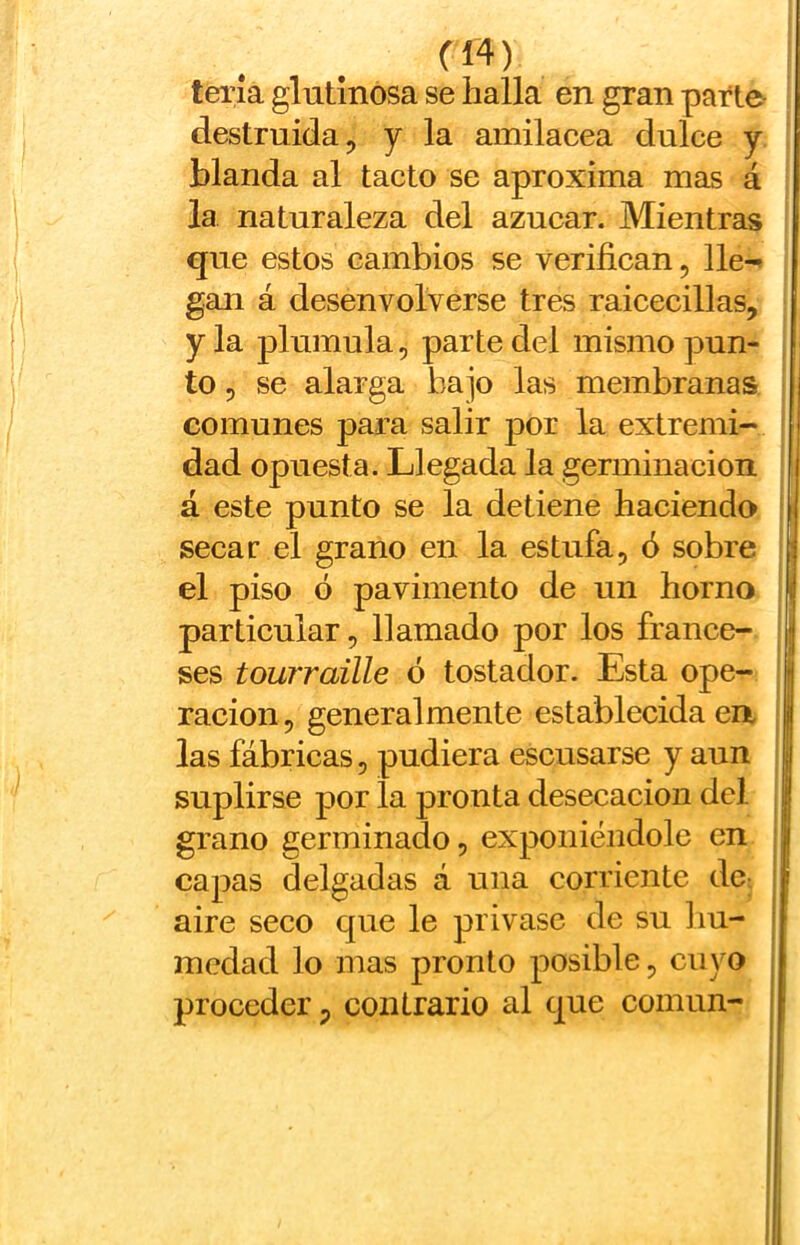 tería glutinosa se halla en gran parte destruida, y la amilacea dulce y blanda al tacto se aproxima mas á la naturaleza del azúcar. Mientras que estos cambios se verifican, lle-^ gaii á desenvolverse tres raicecillas, y la plumula, parte del mismo pun- , to, se alarga bajo las membranas comunes para salir por la extremi- ' dad opuesta. Llegada la germinación á este punto se la detiene haciendo I secar el grano en la estufa, ó sobre ; el piso ó pavimento de un horno j particular, llamado por los france- | j ses tourraille ó tostador. Esta ope- || ración, generalmente establecida en : las fábricas, pudiera escusarse y aun ; suplirse por la pronta desecación del | grano germinado, exponiéndole en capas delgadas á una corriente dc;, aire seco que le privase de su hu- medad lo mas pronto posible, cuyo proceder, contrario al que común