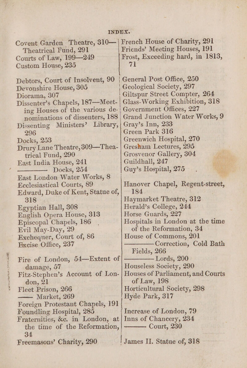 Phat (AER INDEX. Covent Garden Theatre, 310—) French House of Charity, 291 Theatrical Fund, 291 Friends’ Meeting Houses, 191 Courts of Law, 199—249 Frost, Exceeding hard, in 1813, Debtors, Court of Insolvent, 90 | General Post Office, 250 Devonshire House, 305 ' Geological Society, 297 Diorama, 307 ‘ Giltspur Street Compter, 264 Dissenter’s Chapels, 187—-Meet- | Glass- Working Exhibition, 318 ing Houses of the various de-; Government Offices, 227 nominations of dissenters, 188 ; Grand Junction Water Works, 9 Dissenting Ministers’ Library, | Gray’s Inn, 233 Docks, 253 Greenwich Hospital, 270 . Drury Lane Theatre, 309—Thea- | Gresham Lectures, 295 trical Fund, 290 Grosvenor Gallery, 304 East India House, 241 Guildhall, 247 Docks, 254 Guy’s Hospital, 275 East London Water Works, 8 | Ecclesiastical Courts, 89 Hanover Chapel, Regent-street, Edward, Duke of Kent, Statue of,| 184 318 Haymarket Theatre, 312 Egyptian Hall, 308 Herald’s College, 244 English Opera House, 313 Horse Guards, 227 Episcopal Chapels, 186, Hospitals in London at the time Evil May-Day, 29 of the Reformation, 34 Exchequer, Court of, 86 House of Commons, 201 Excise Office, 237 ———-Correction, Cold Bath Fields, 266 Fire of London, 54—Extent of |—————— Lords, 200 damage, 57 Houseless Society, 290 Fitz-Stephen’s Account of Lon- | Houses of Parliament, and Courts don, 21 of Law, 198 Fleet Prison, 266 Horticultural Society, 298 Market, 269 Hyde Park, 317 Foreign Protestant Chapels, 191 Foundling Hospital, 285 {| Increase of London, 79 Fraternities, &c. in London, at| Inns of Chancery, 234 the time of the Reformation, Court, 230 34 : Freemasons’ Charity, 290 James II. Statue of, 318